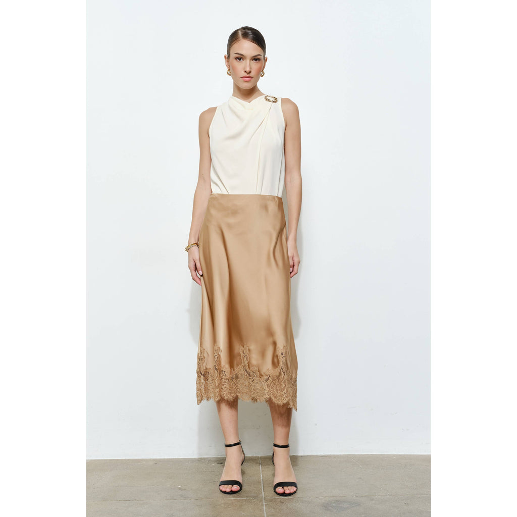 Classic Silky with Lace Hem H-Line Midi Skirt