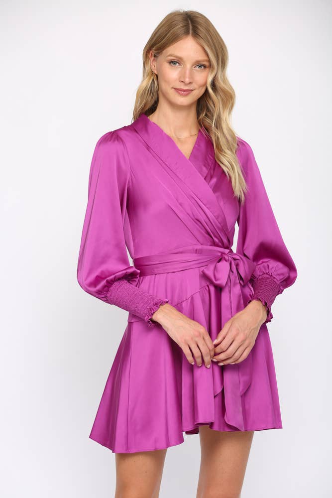 SATIN TIE WAIST WRAP DRESS