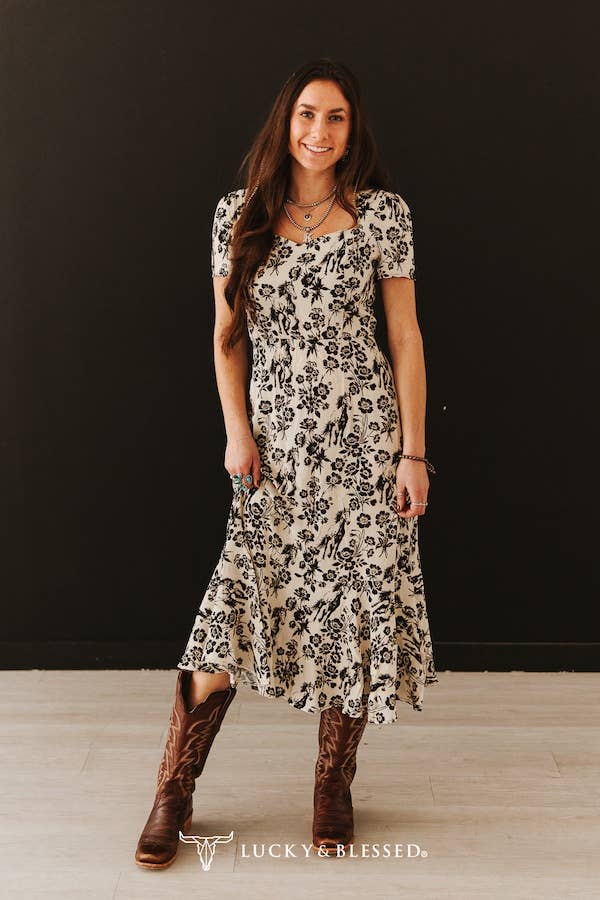 Cream Floral Ruffle Hem Short Sleeve Western Dress – Johnston's Hat Co