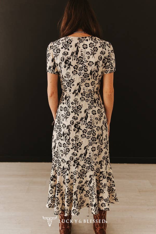 Cream Floral Ruffle Hem Short Sleeve Western Dress