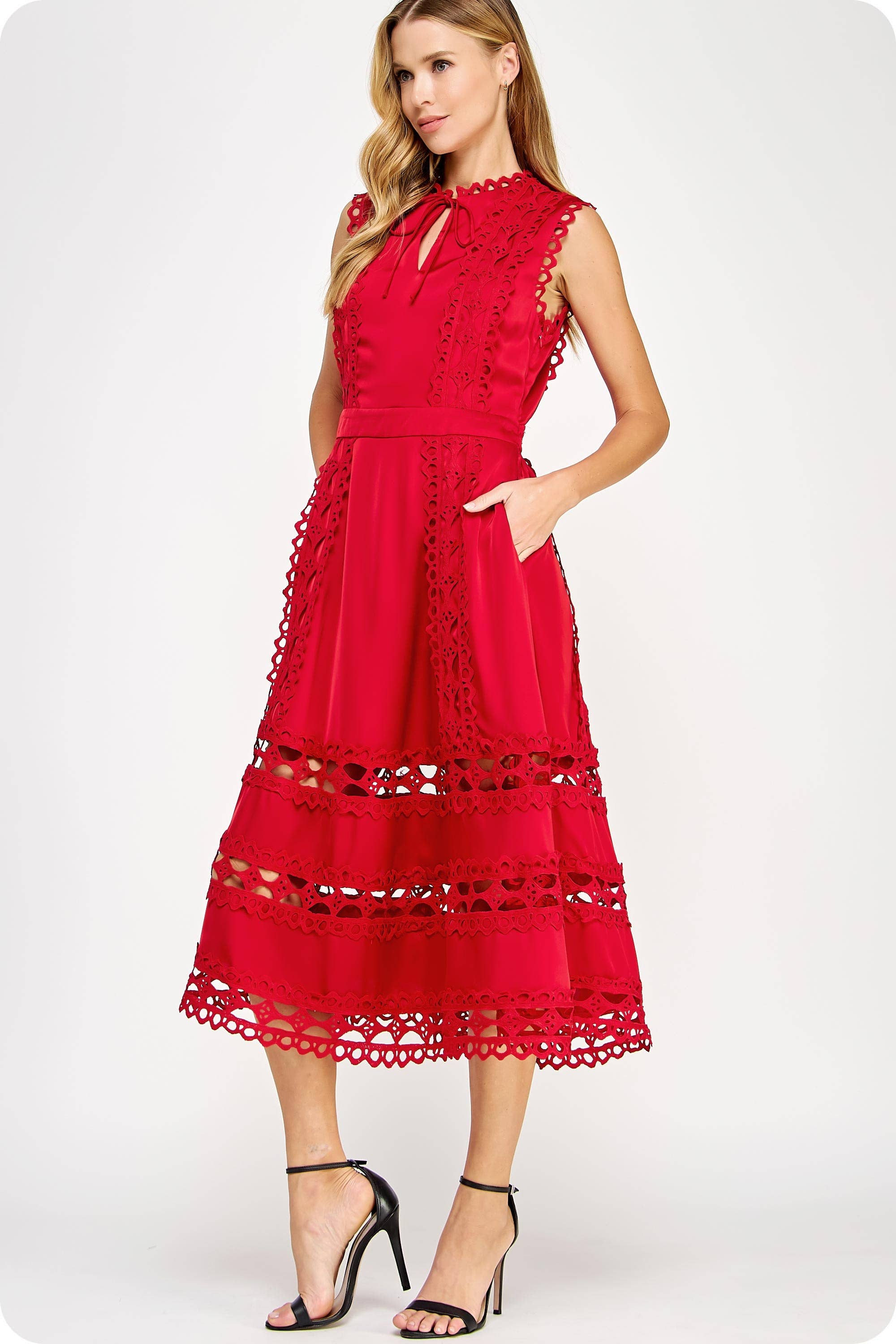Scallop Edge Crochet Trim Satin Midi Dress