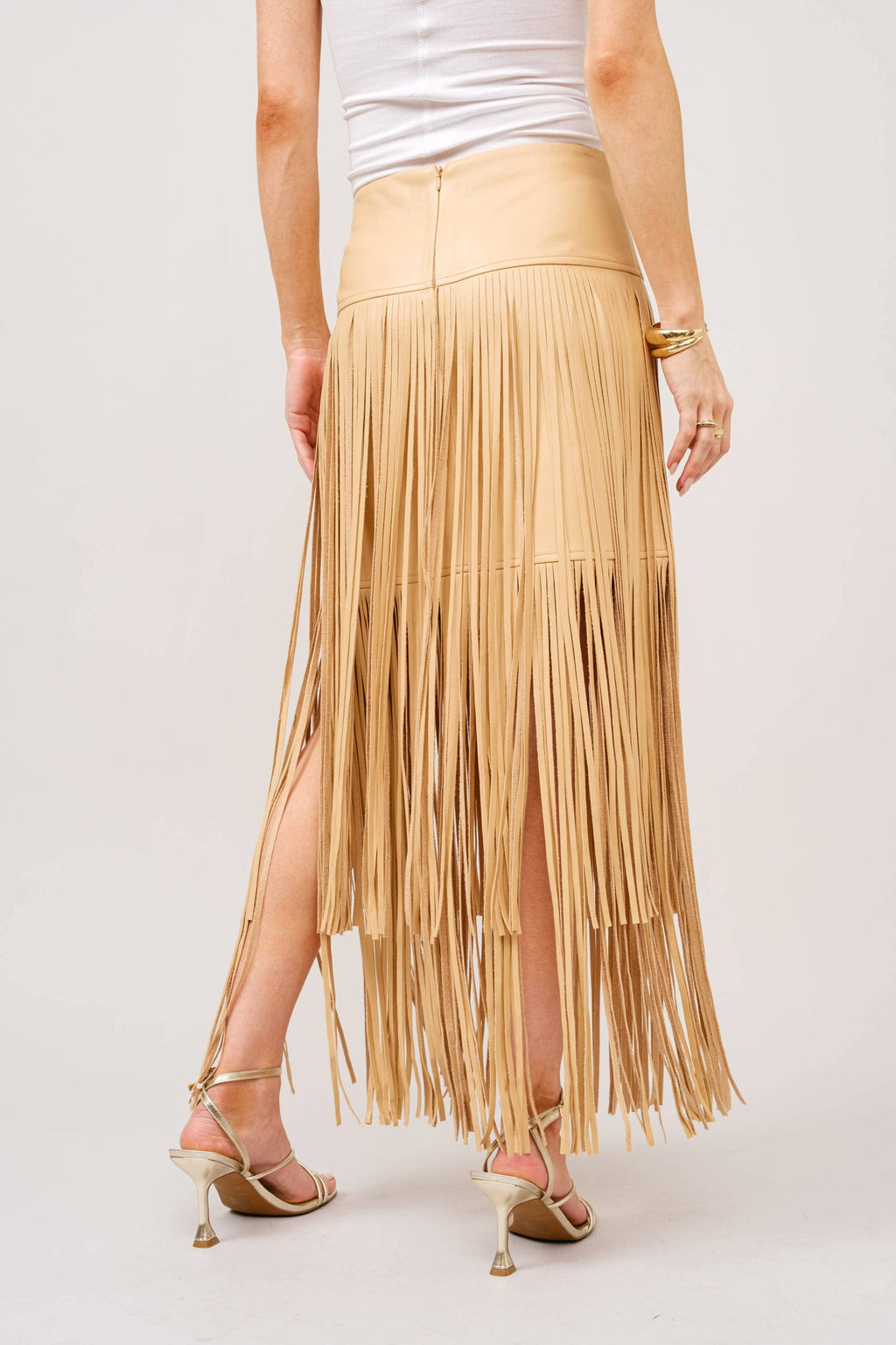 Taupe Leather Tiered Fringe Maxi Skirt