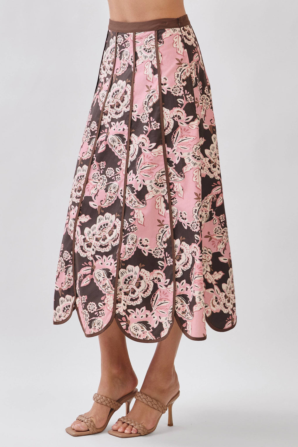 Pink Blush & Brown Floral Print Saclloped Hem Paneled Midi Skirt