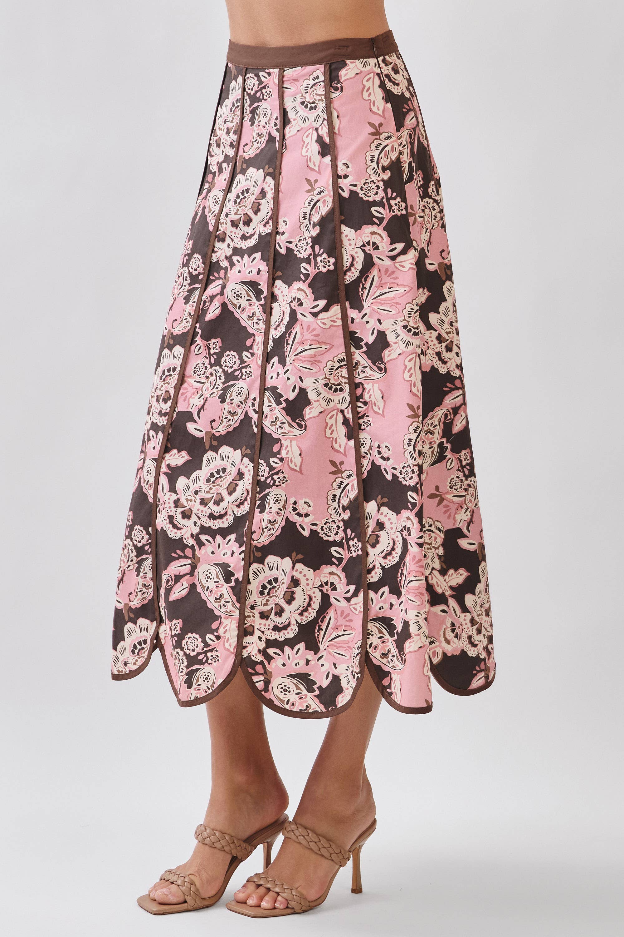 Pink Blush & Brown Floral Print Saclloped Hem Paneled Midi Skirt