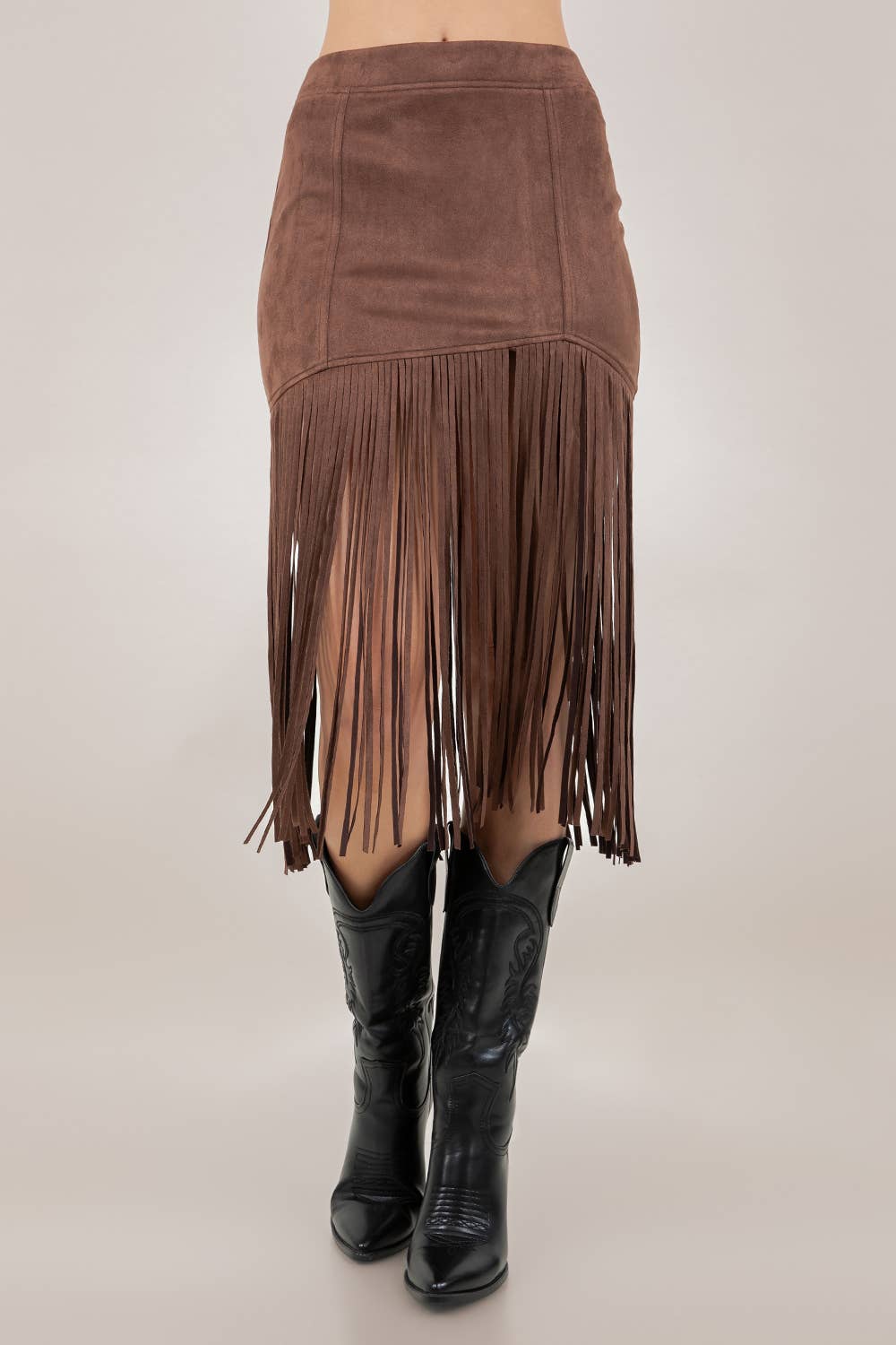 CHOCOLATE FRINGED FAUX SUEDE SKIRT