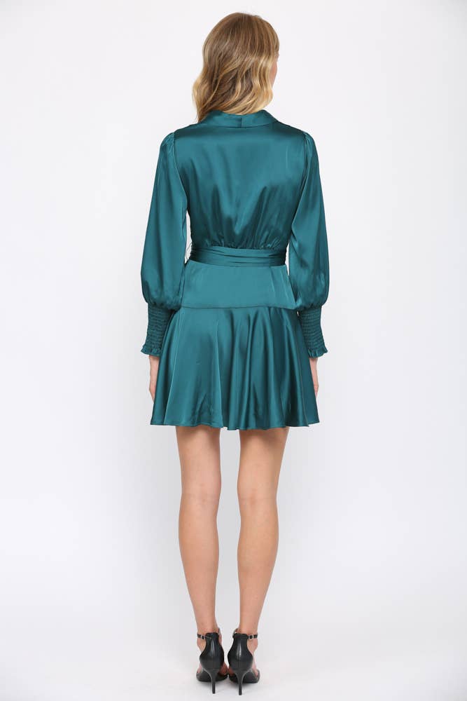 SATIN TIE WAIST WRAP DRESS