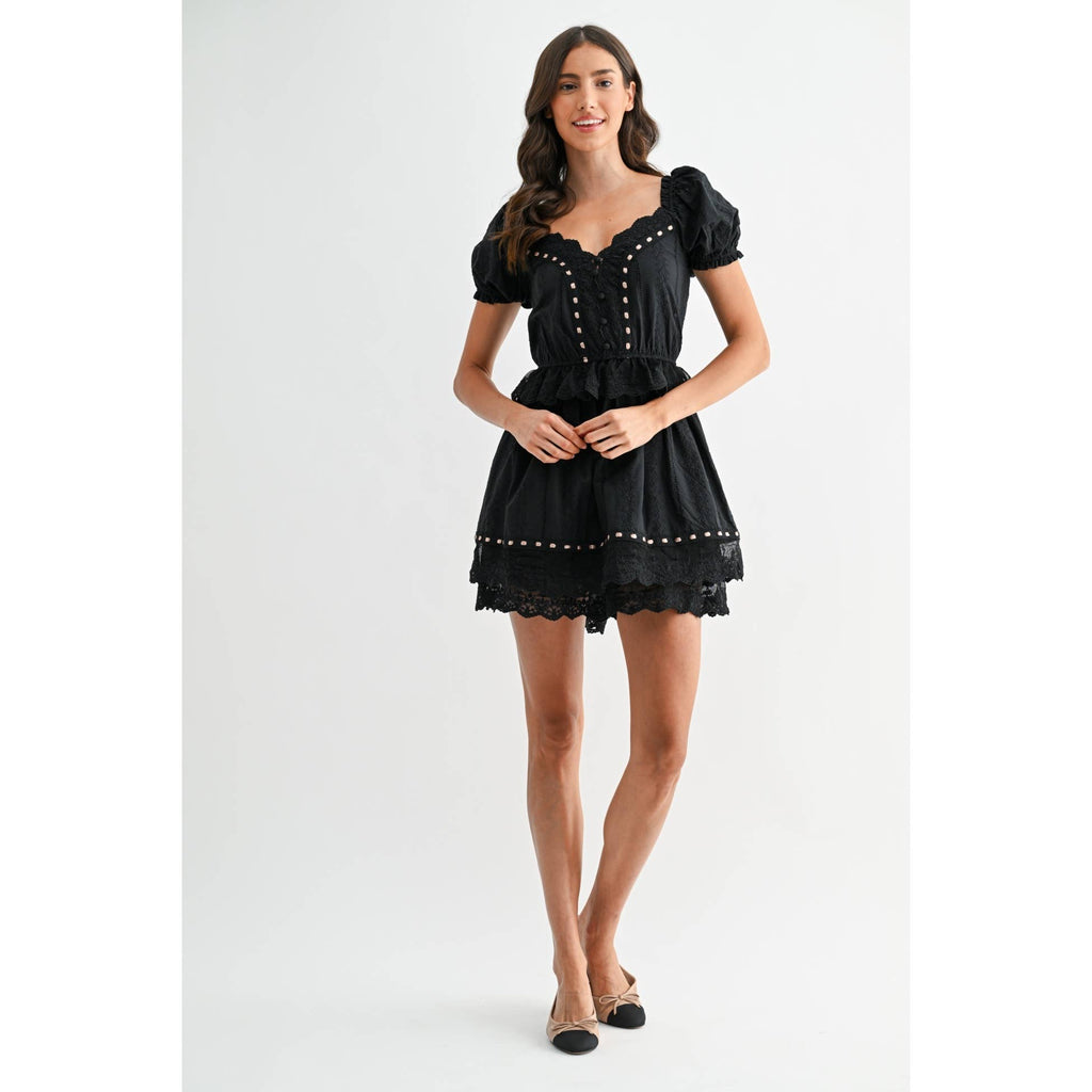 BLACK LACE MINI DRESS WITH SCALLOPED DETAILING