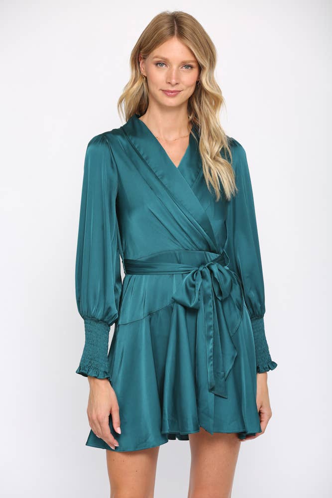 SATIN TIE WAIST WRAP DRESS