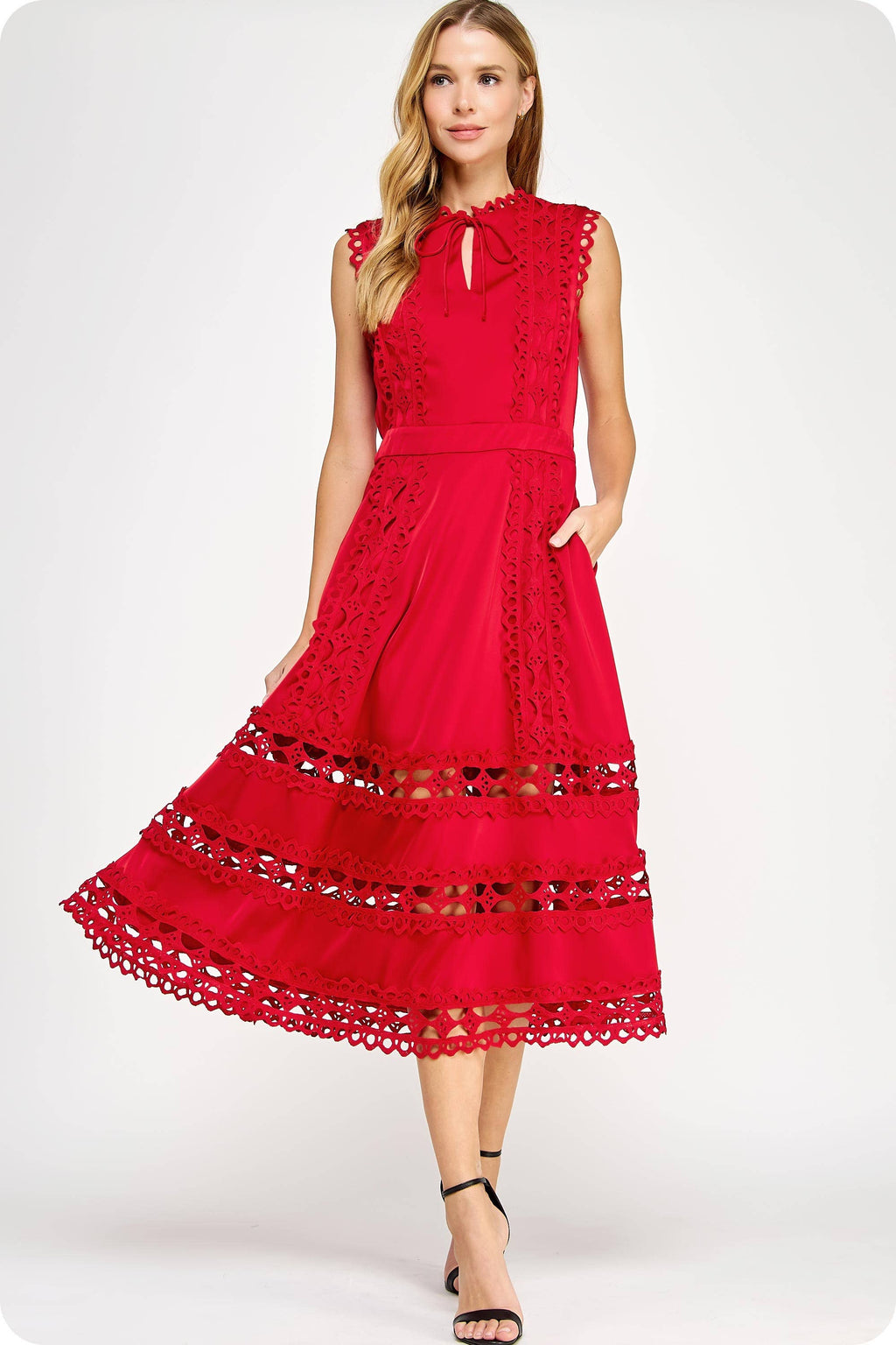 Scallop Edge Crochet Trim Satin Midi Dress
