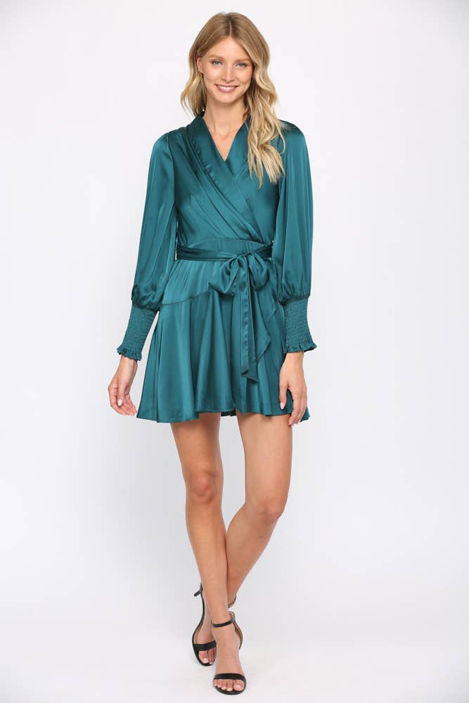 SATIN TIE WAIST WRAP DRESS