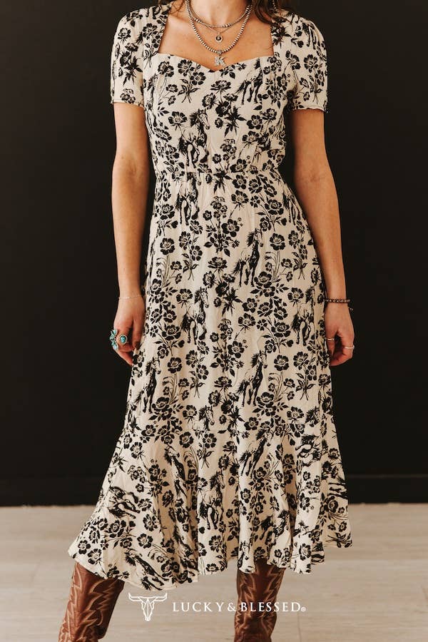Cream Floral Ruffle Hem Short Sleeve Western Dress