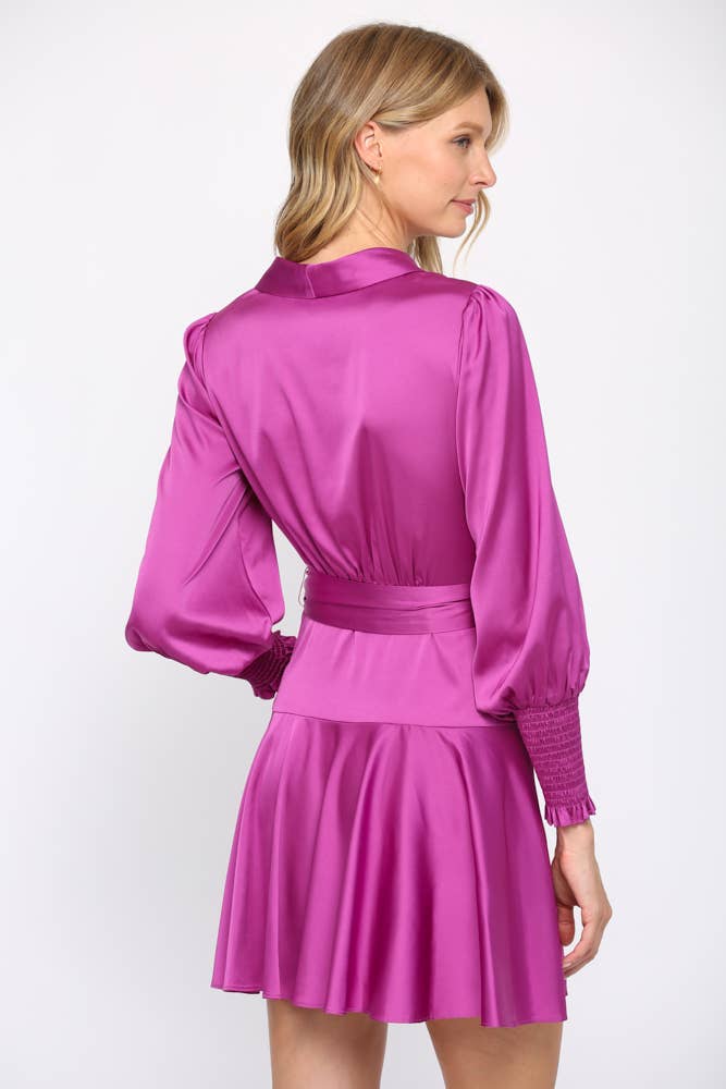 SATIN TIE WAIST WRAP DRESS