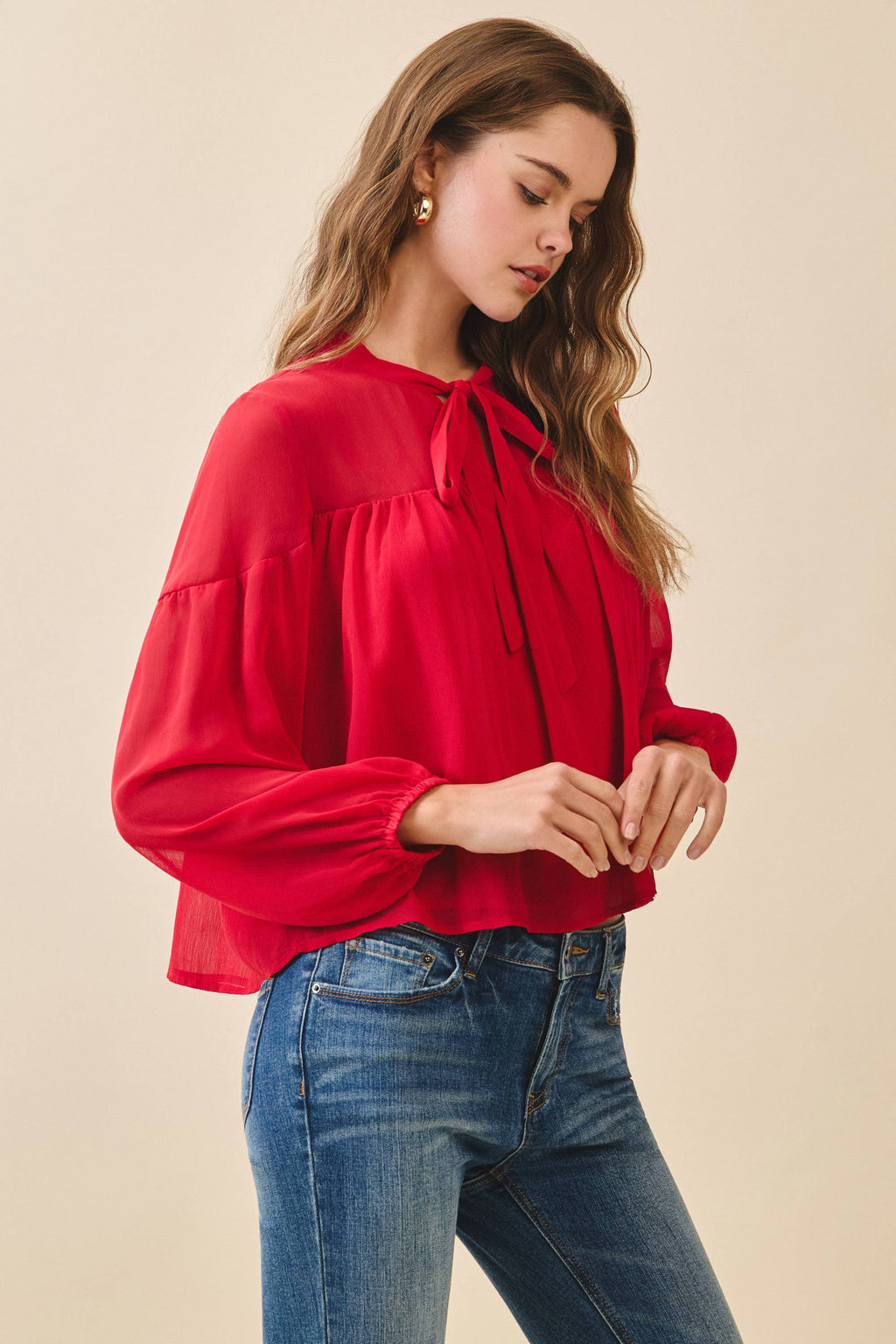 CT9649-Chiffon Tie Neck Sheer Yoke Dropped Shoulders Top