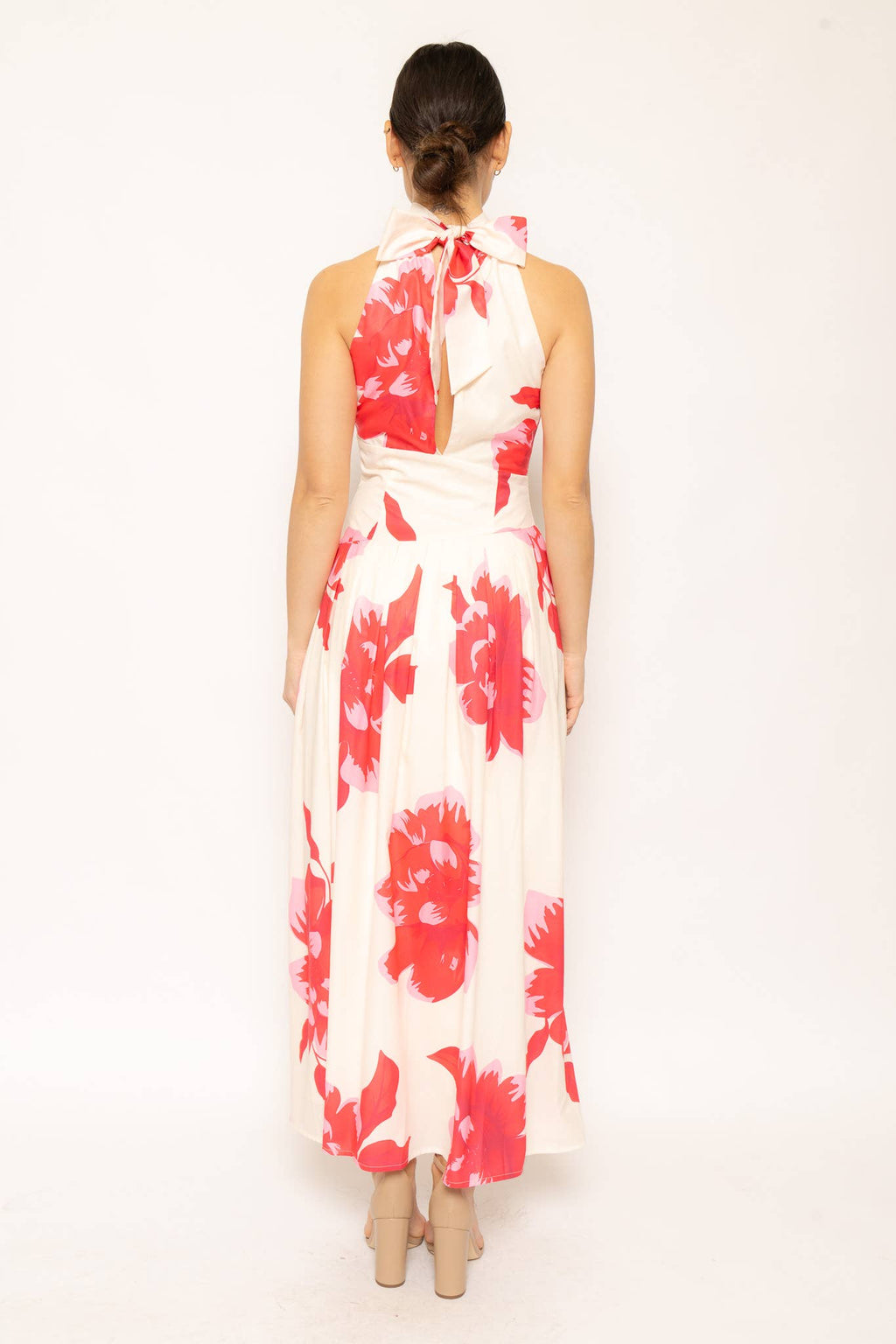 PLEATED FLORAL HALTER NECK DRESS
