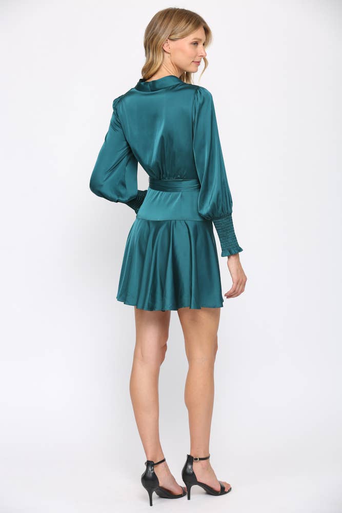 SATIN TIE WAIST WRAP DRESS