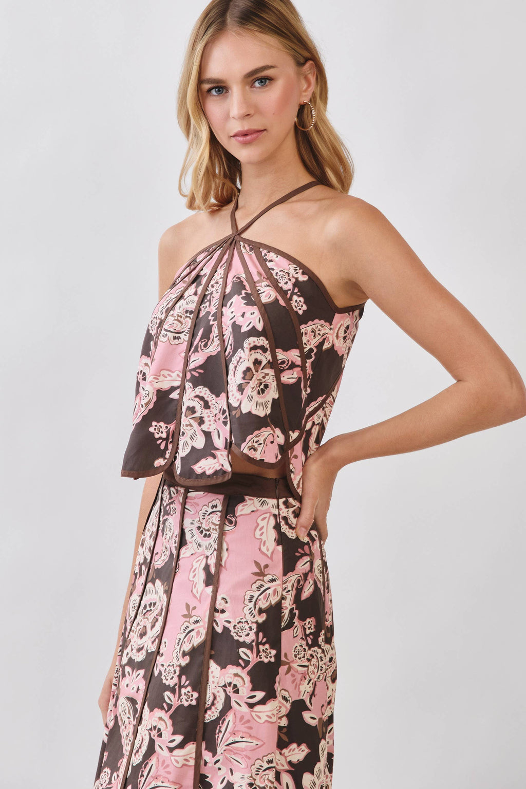 Pink Blush & Brown Floral Print Paneled Detail Halter Top