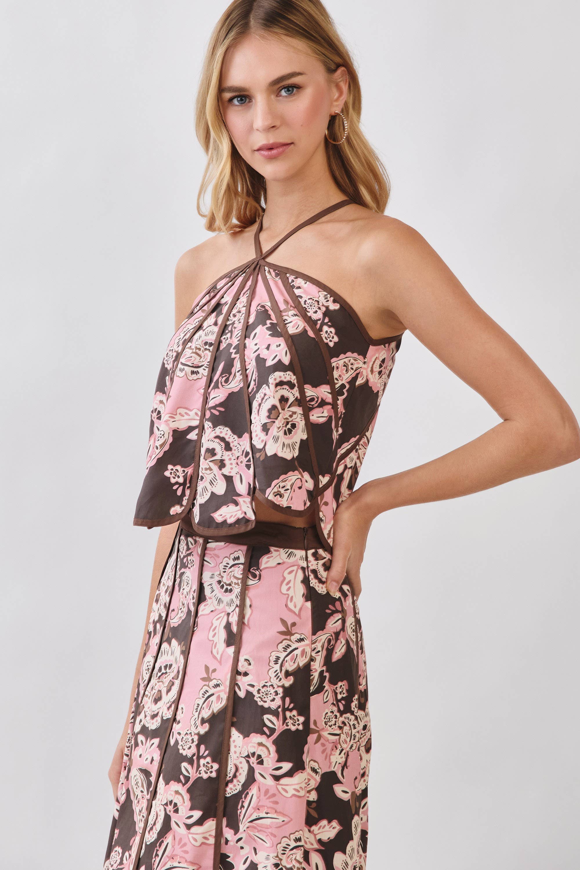 Pink Blush & Brown Floral Print Paneled Detail Halter Top