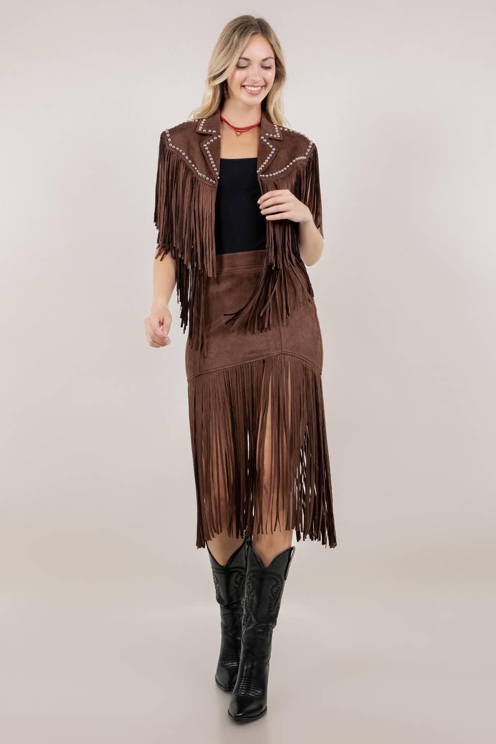 CHOCOLATE FRINGED FAUX SUEDE SKIRT