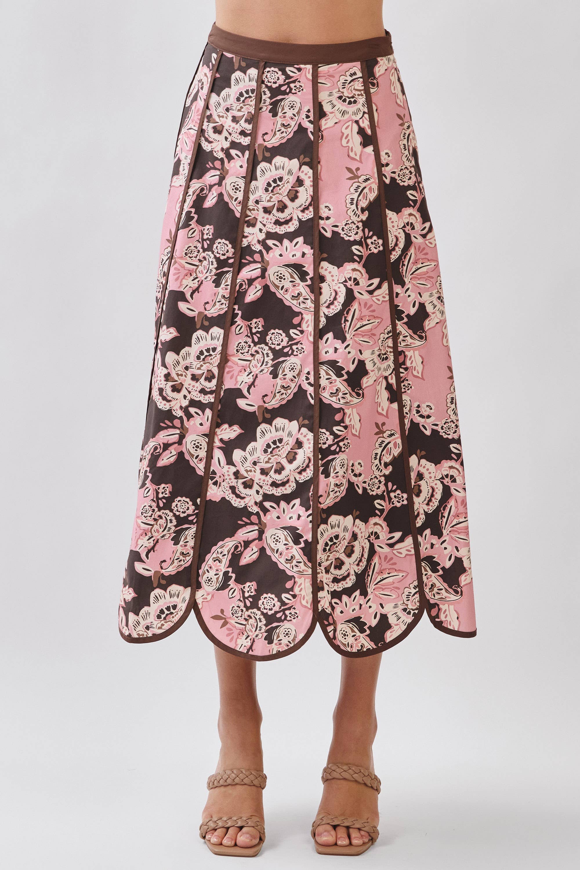 Pink Blush & Brown Floral Print Saclloped Hem Paneled Midi Skirt