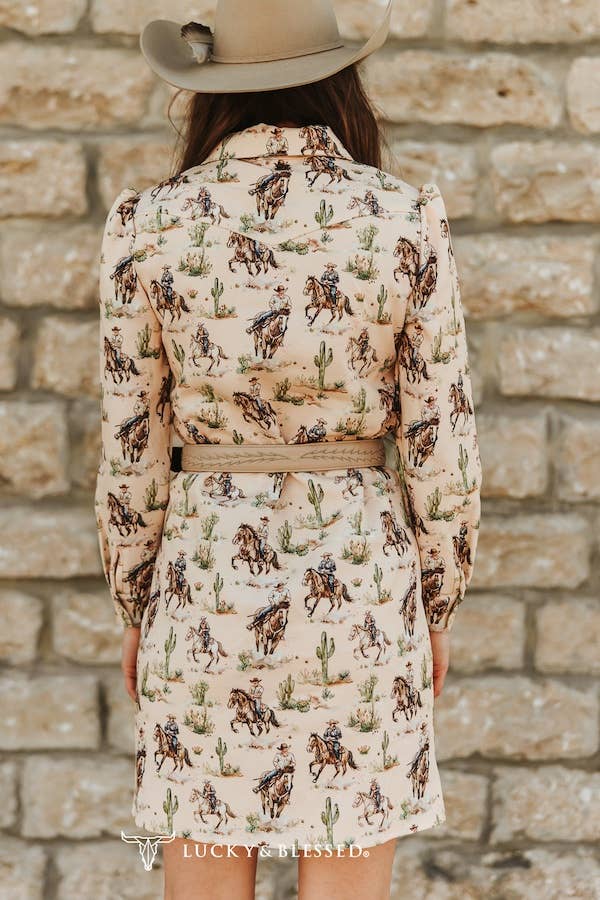 Cream Western Puff Sleeve Embroidered Bow Dress