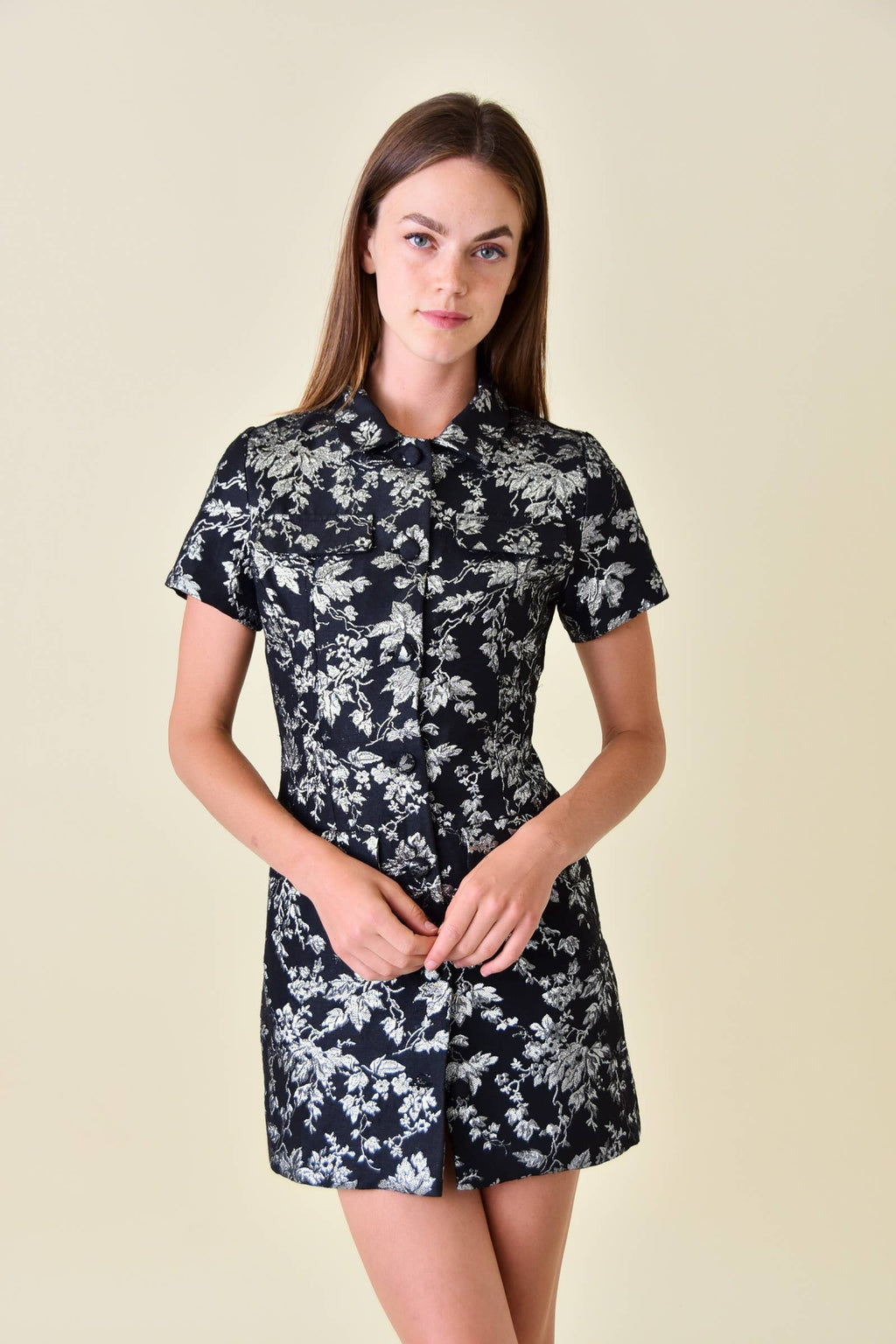 METALLIC JACQUARD SHORT SLEEVE BUTTONED DRESS