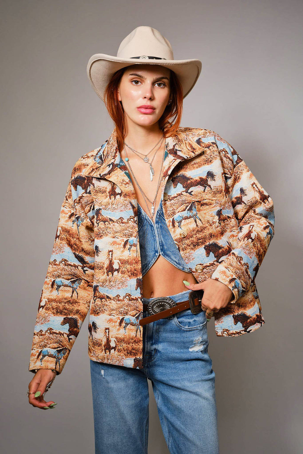 Western Pattern Button Front Jacquard Jacket