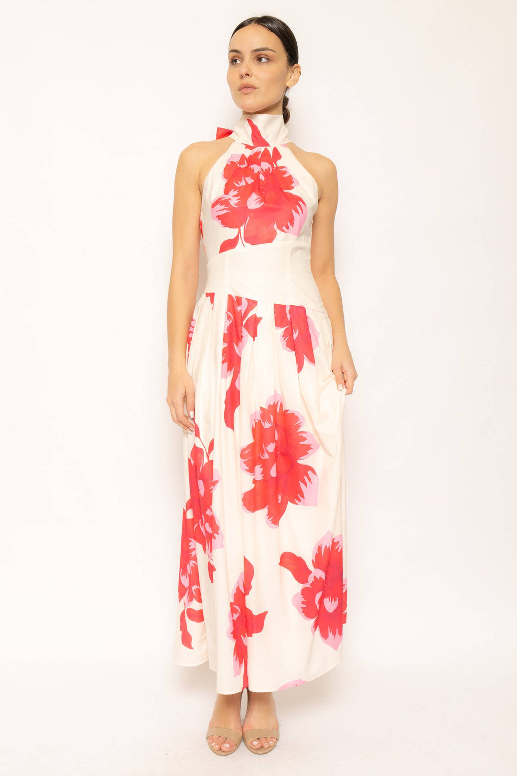 PLEATED FLORAL HALTER NECK DRESS