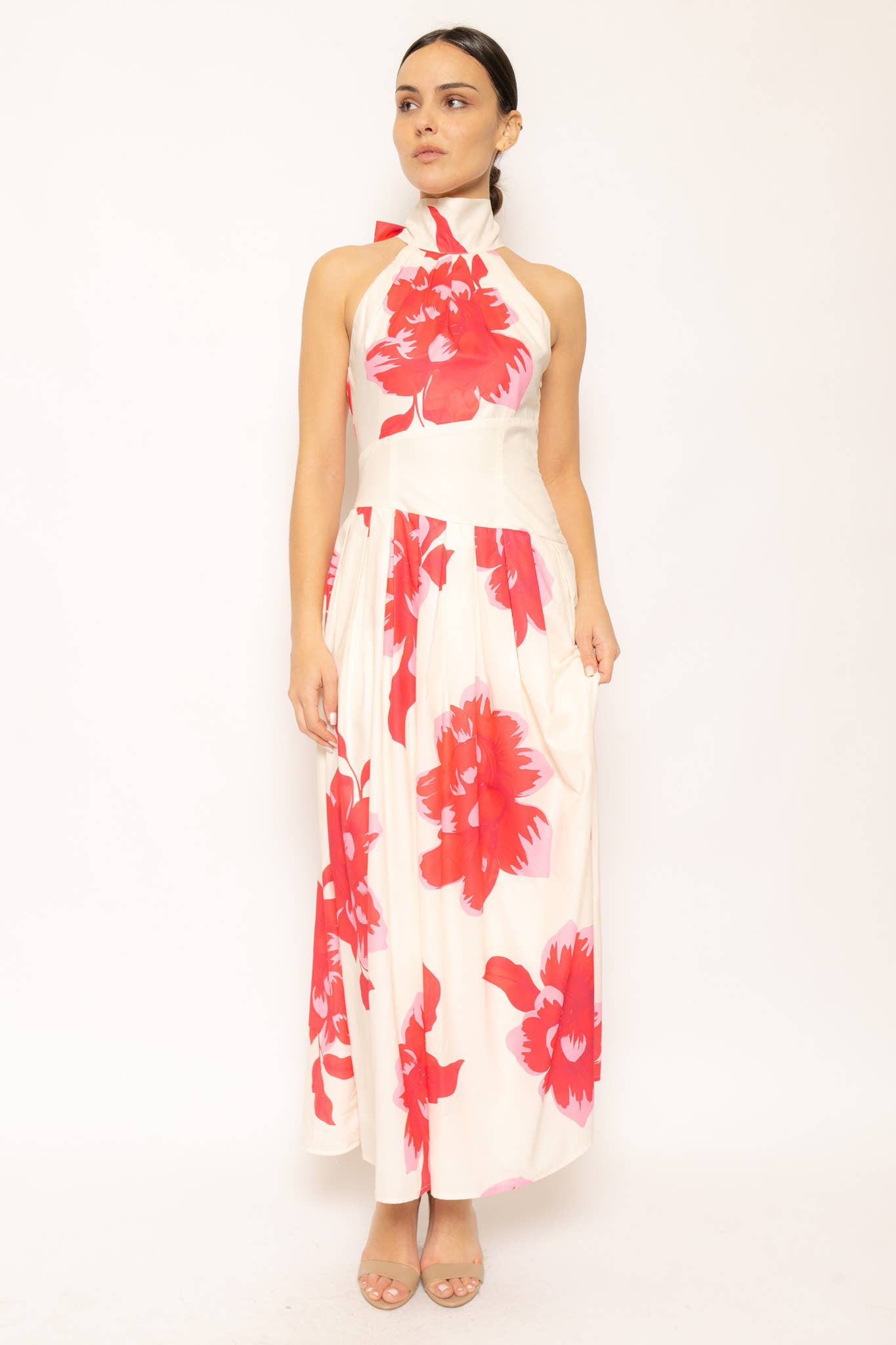 PLEATED FLORAL HALTER NECK DRESS