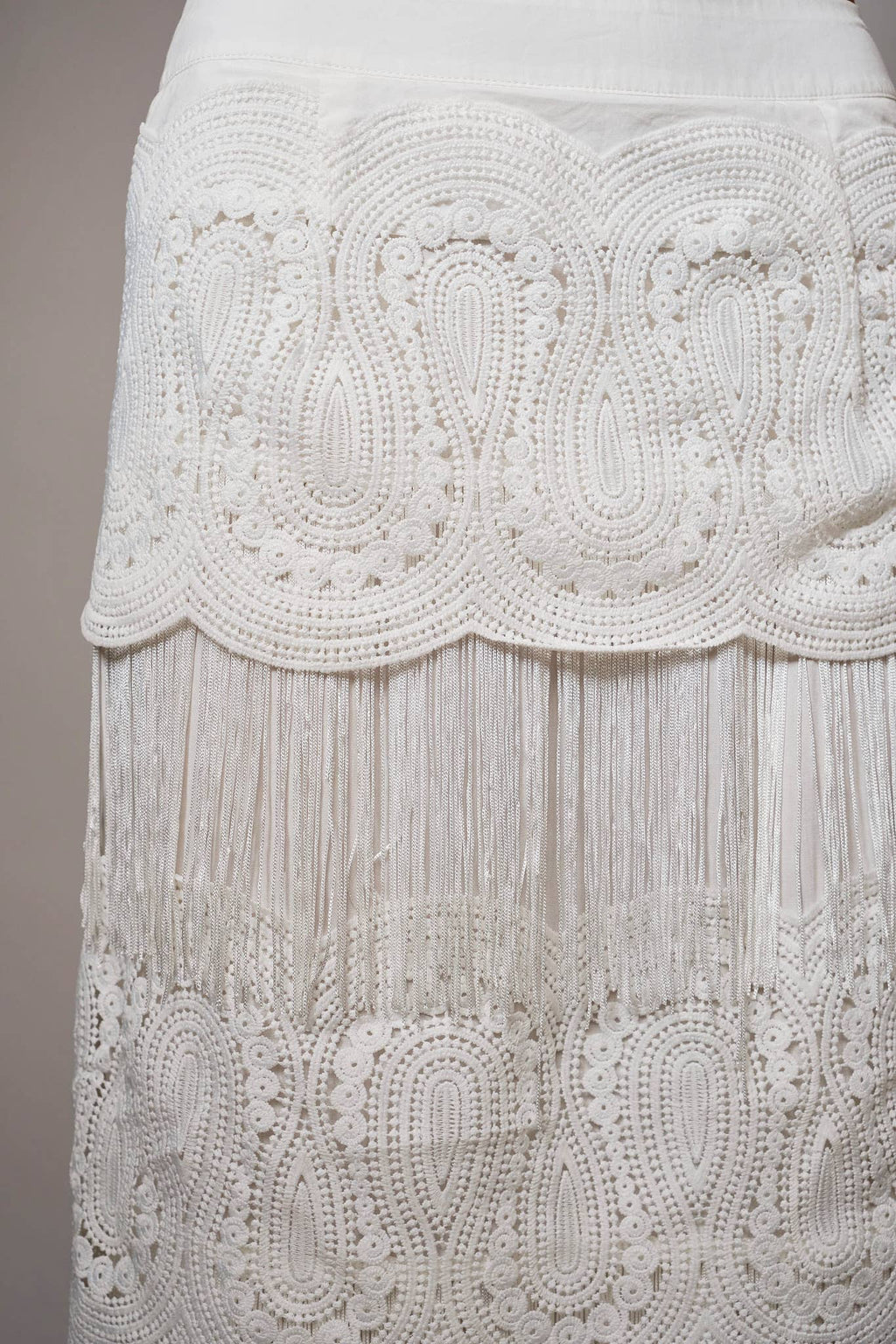 White Lace Fringe Tiered Maxi Skirt
