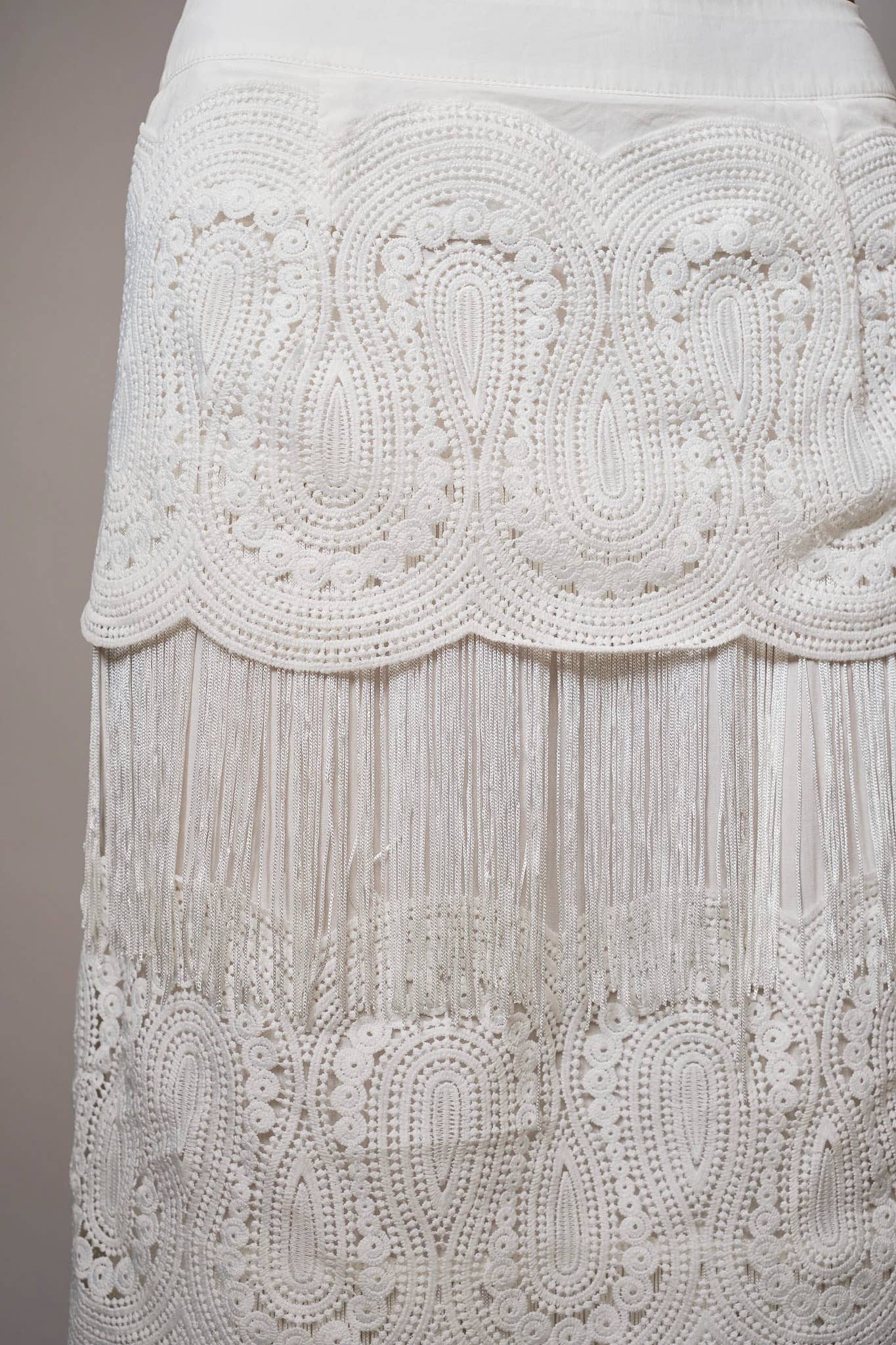 White Lace Fringe Tiered Maxi Skirt