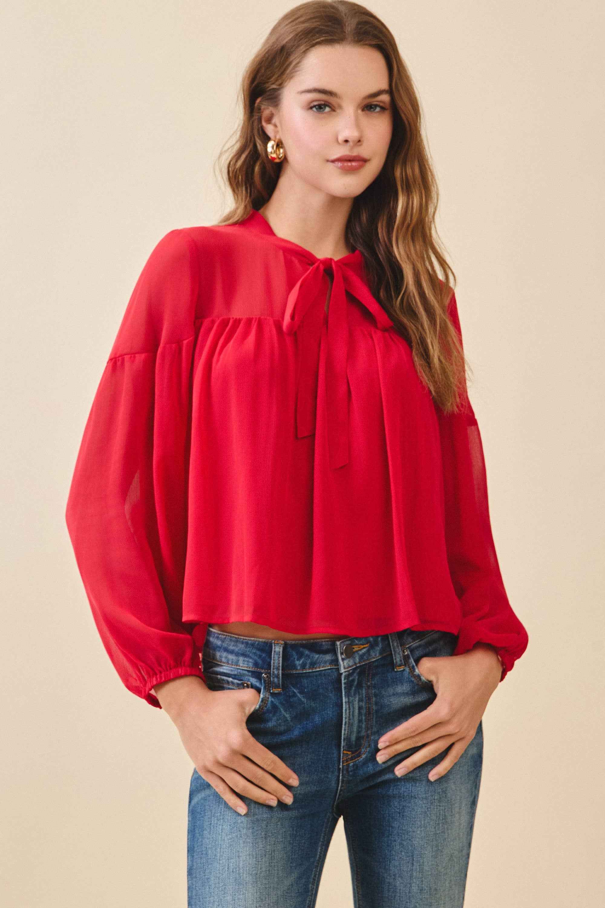 CT9649-Chiffon Tie Neck Sheer Yoke Dropped Shoulders Top