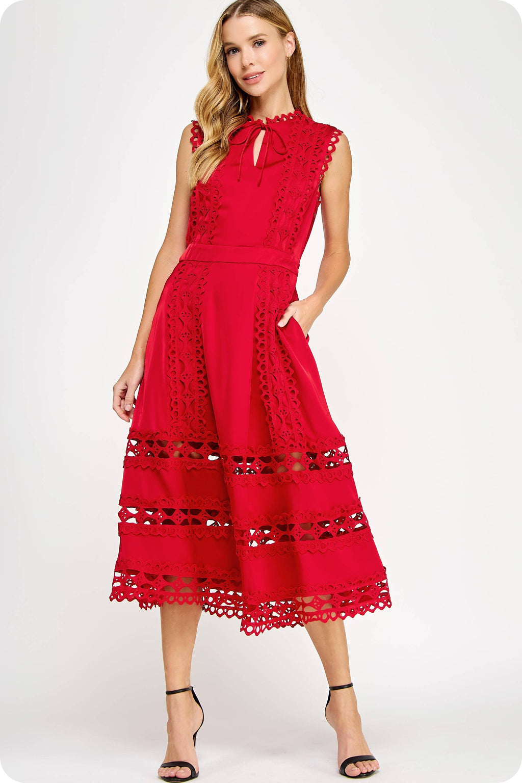 Scallop Edge Crochet Trim Satin Midi Dress