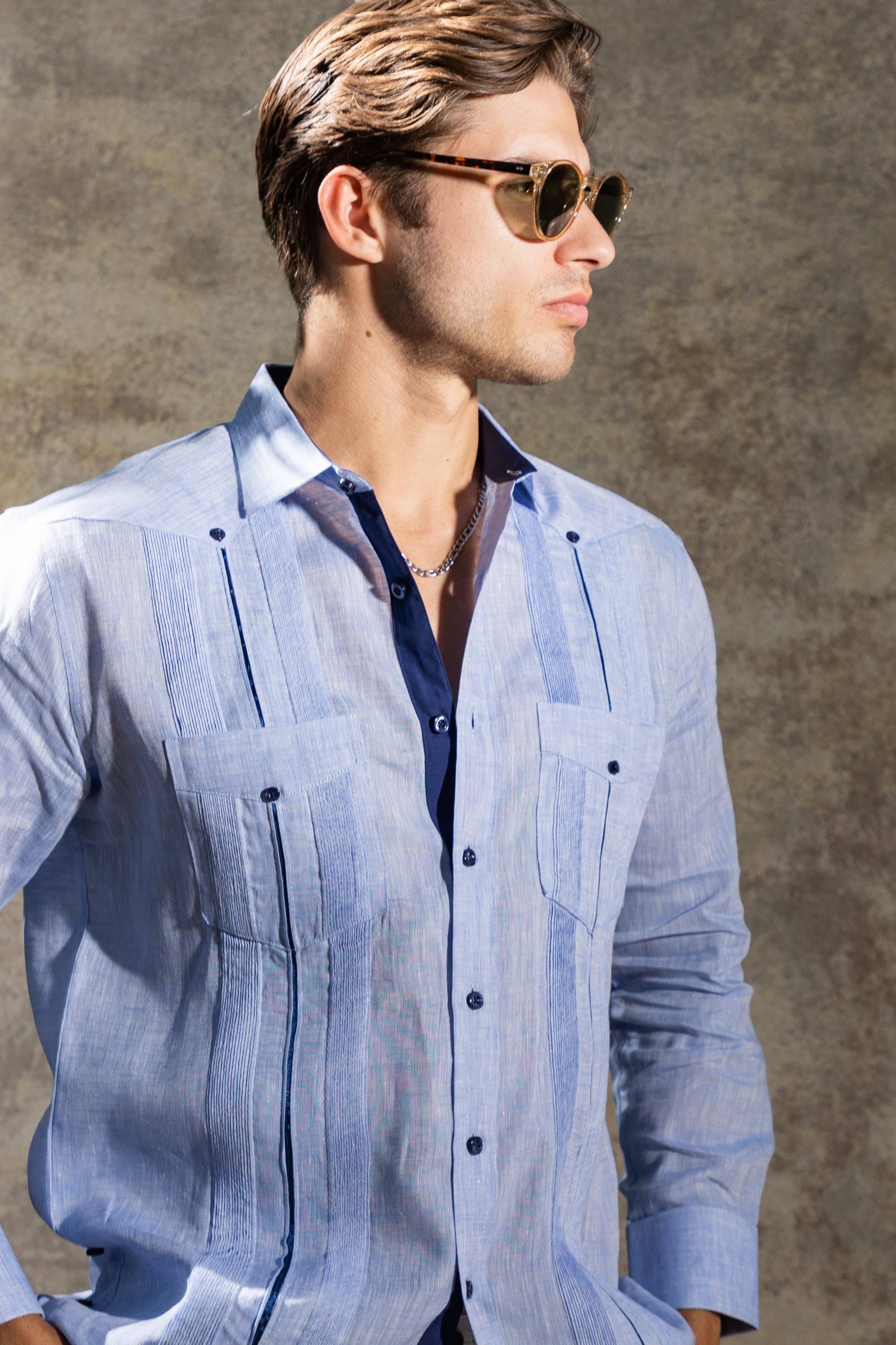 Men's 100% Linen Two Pocket Guayabera with Contrast Satin Taping & French Cuff