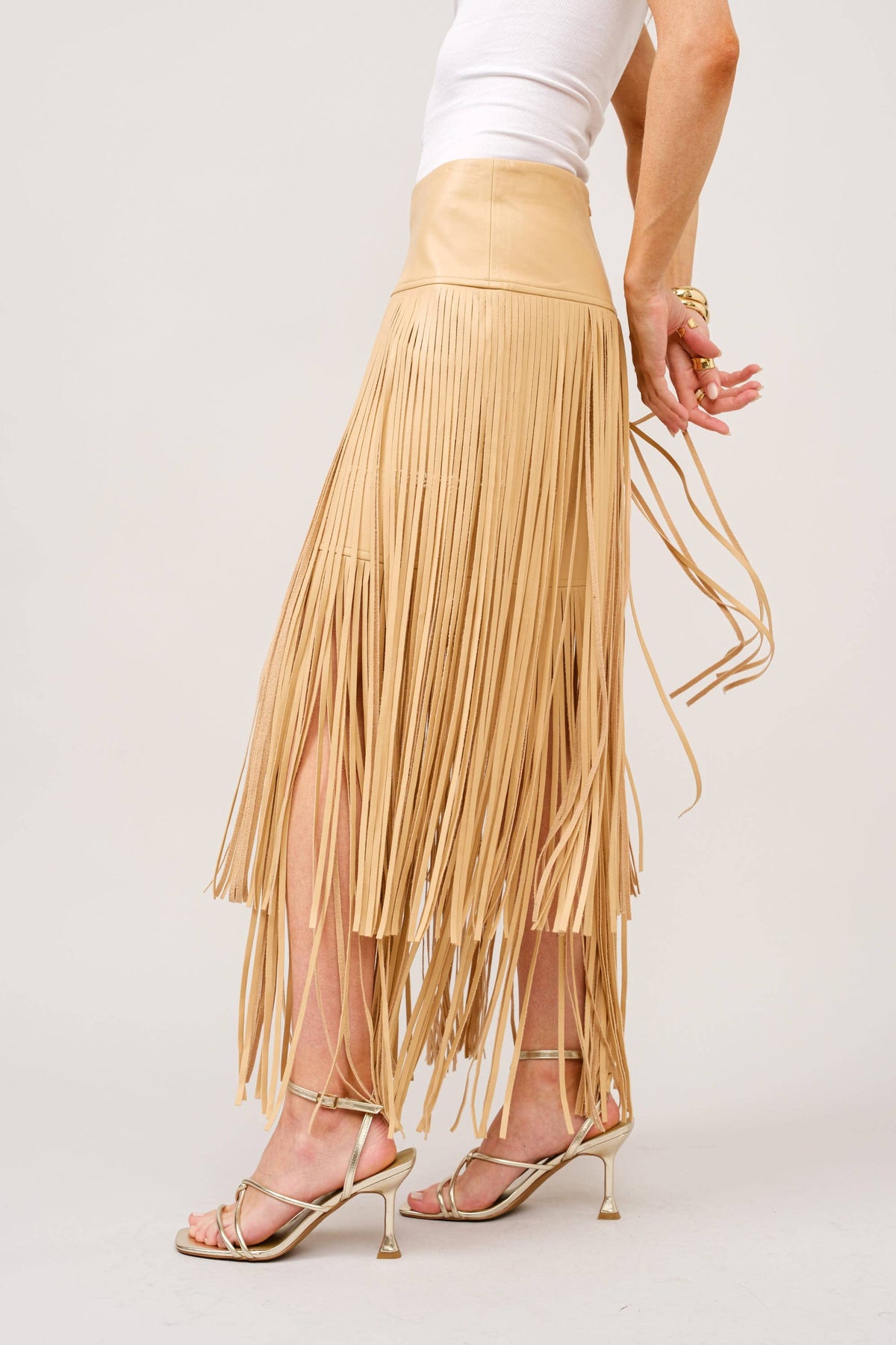 Taupe Leather Tiered Fringe Maxi Skirt