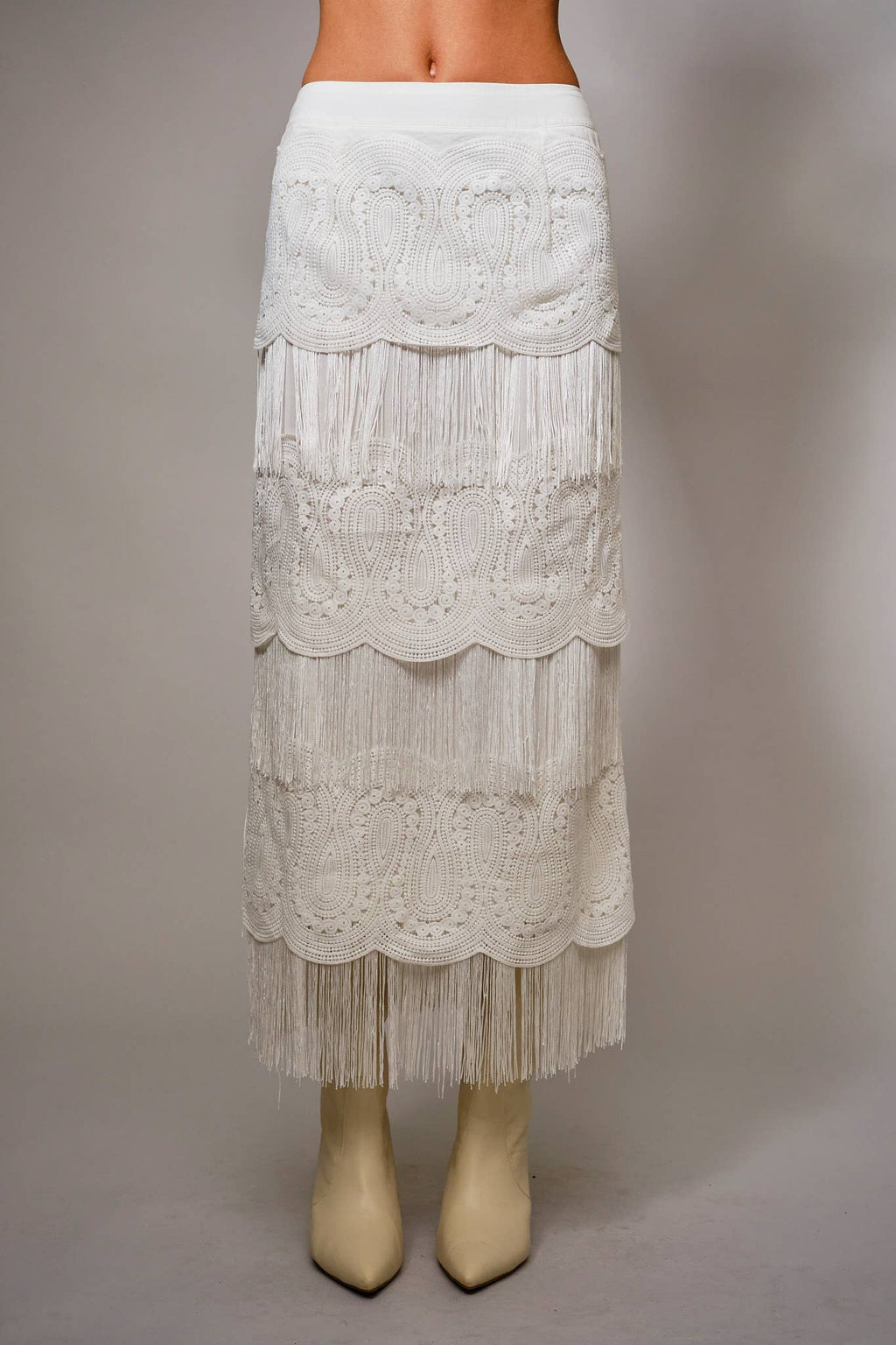 White Lace Fringe Tiered Maxi Skirt