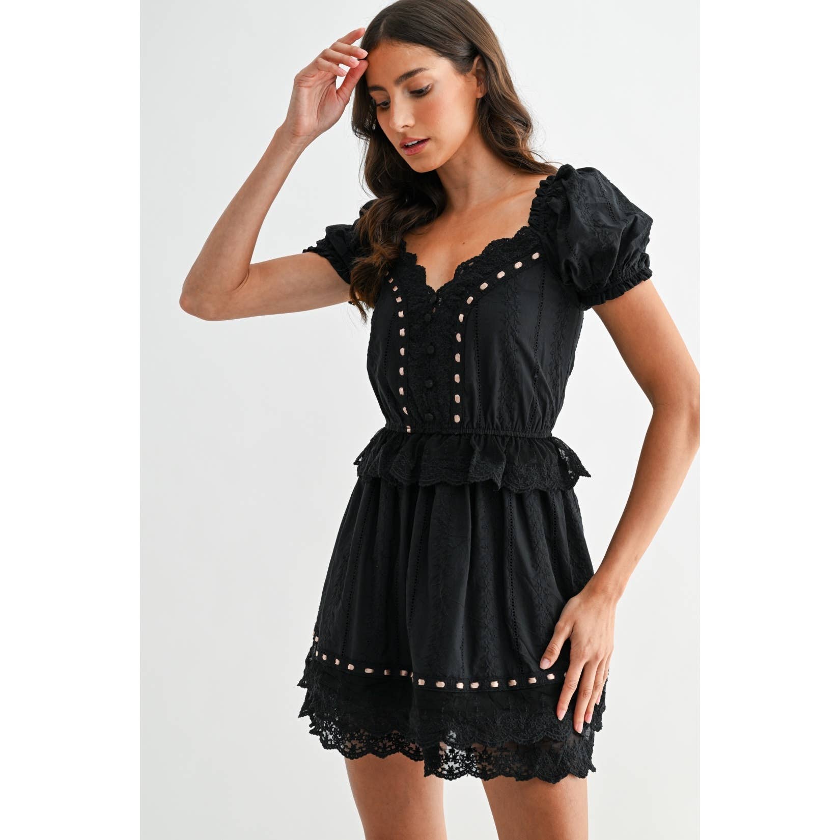 BLACK LACE MINI DRESS WITH SCALLOPED DETAILING