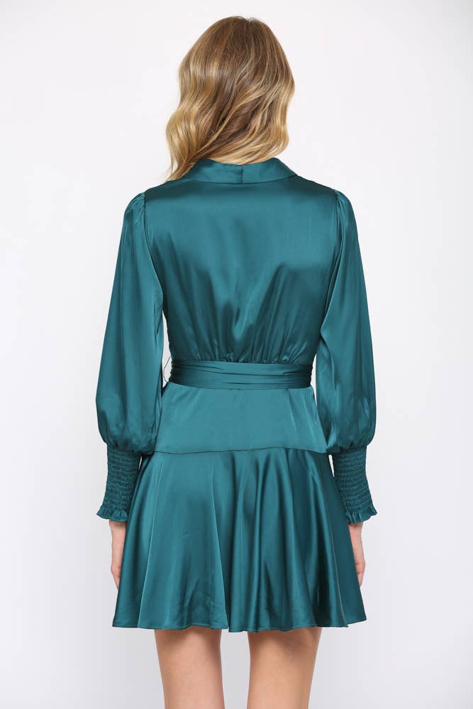 SATIN TIE WAIST WRAP DRESS