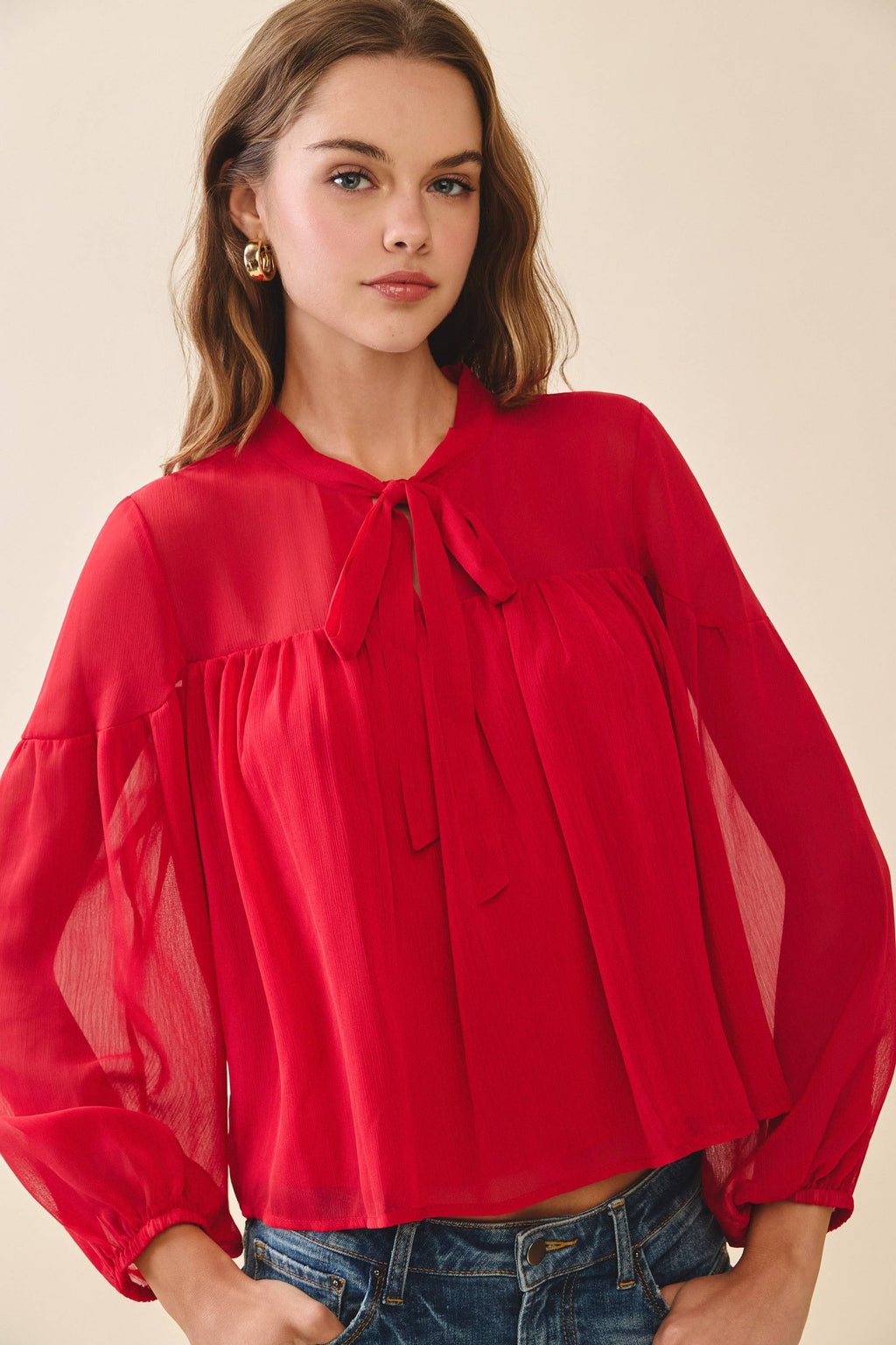 CT9649-Chiffon Tie Neck Sheer Yoke Dropped Shoulders Top