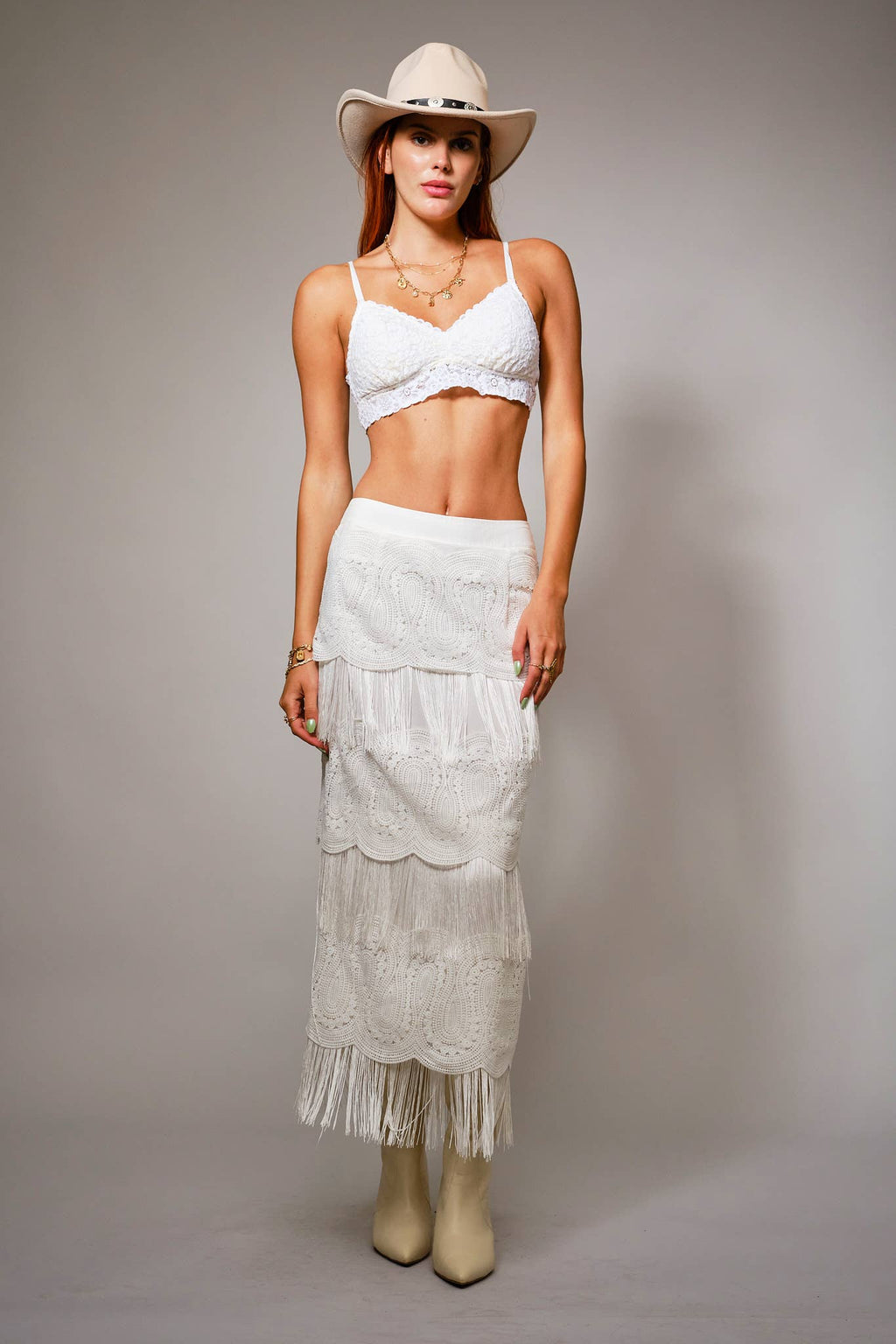 White Lace Fringe Tiered Maxi Skirt