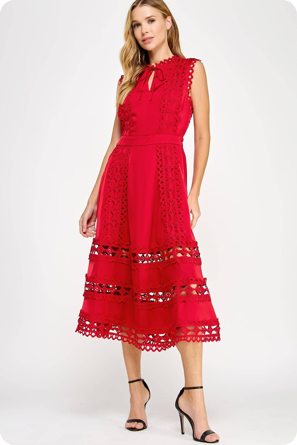 Scallop Edge Crochet Trim Satin Midi Dress