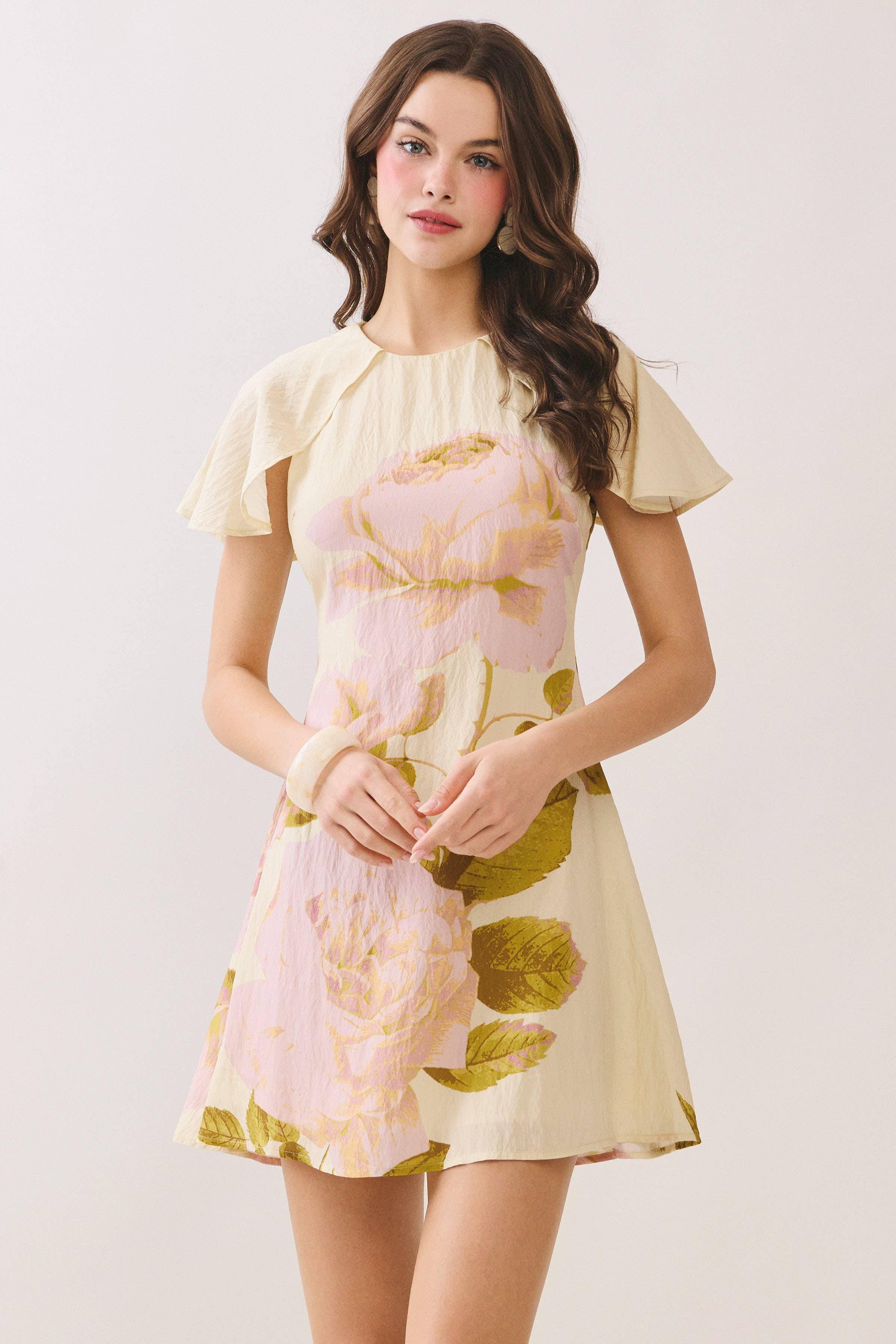 Floral Print Fitted Bodice Round Neck Mini Dress