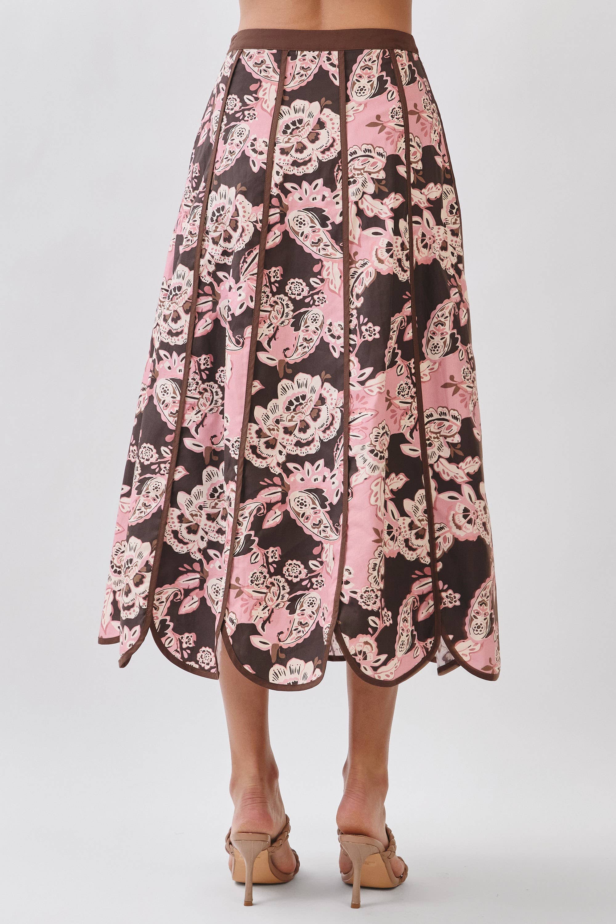 Pink Blush & Brown Floral Print Saclloped Hem Paneled Midi Skirt