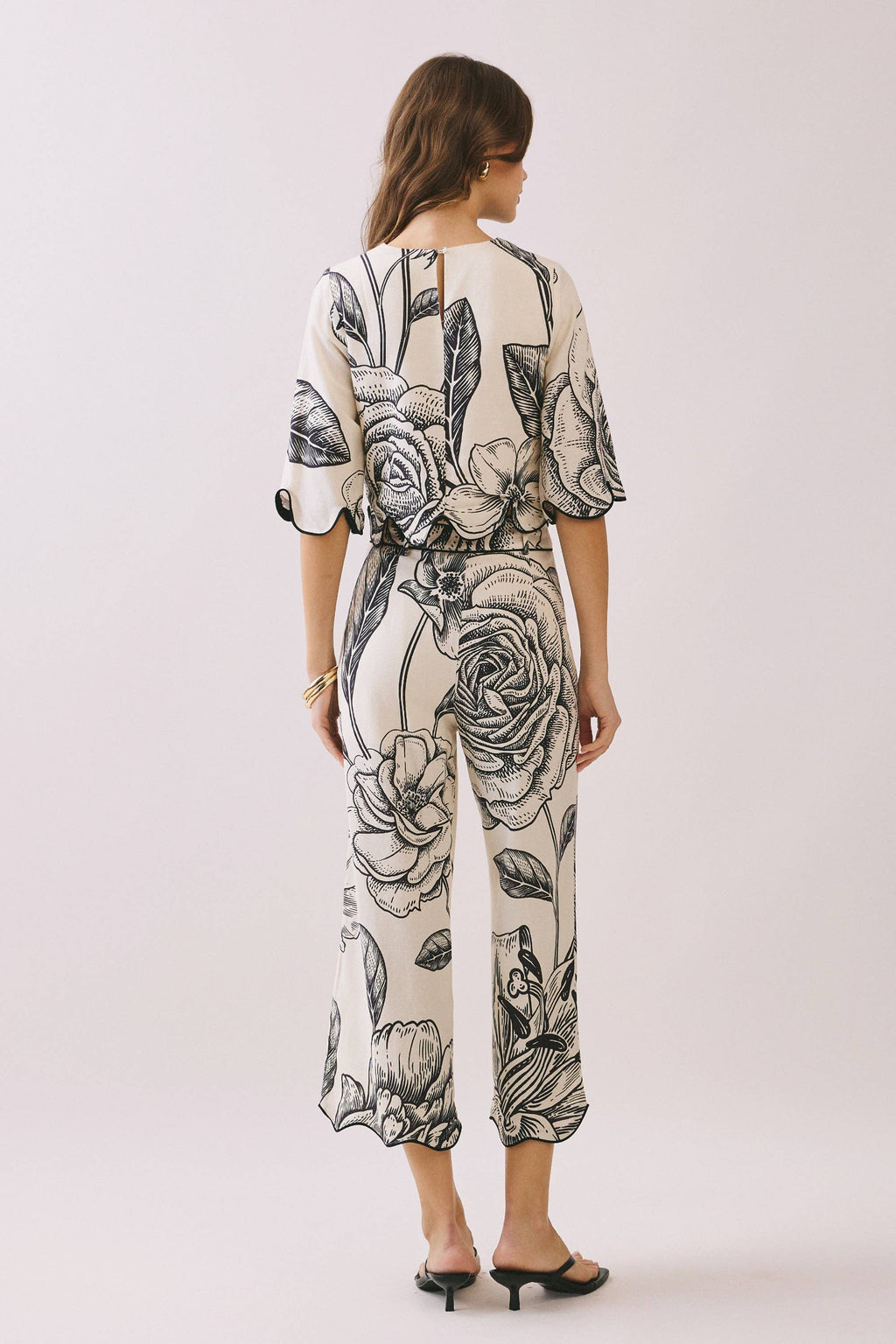 Floral Print Wide Leg Cropped Silhouette Pants