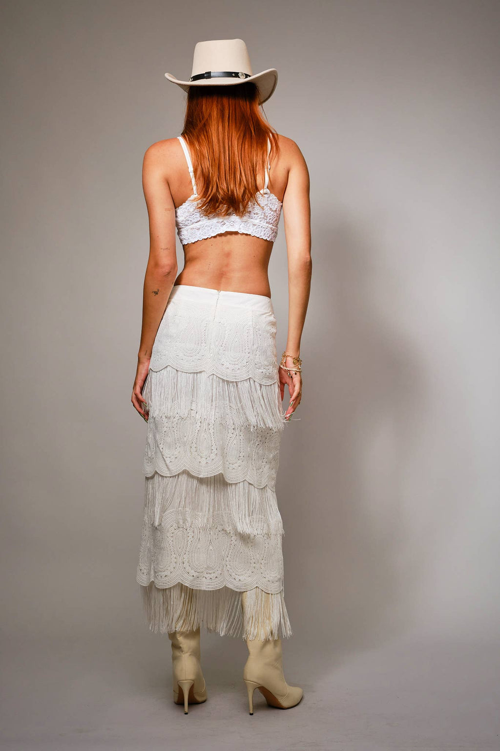 White Lace Fringe Tiered Maxi Skirt