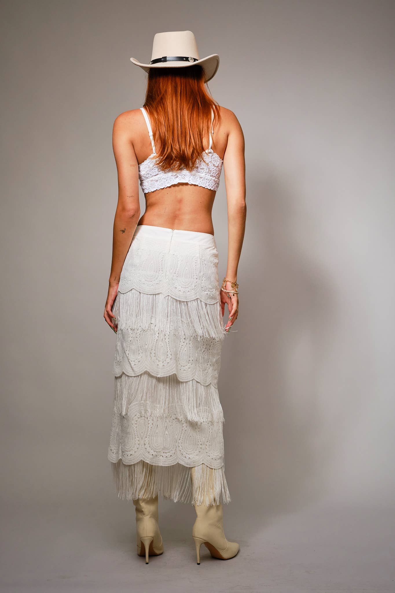 White Lace Fringe Tiered Maxi Skirt