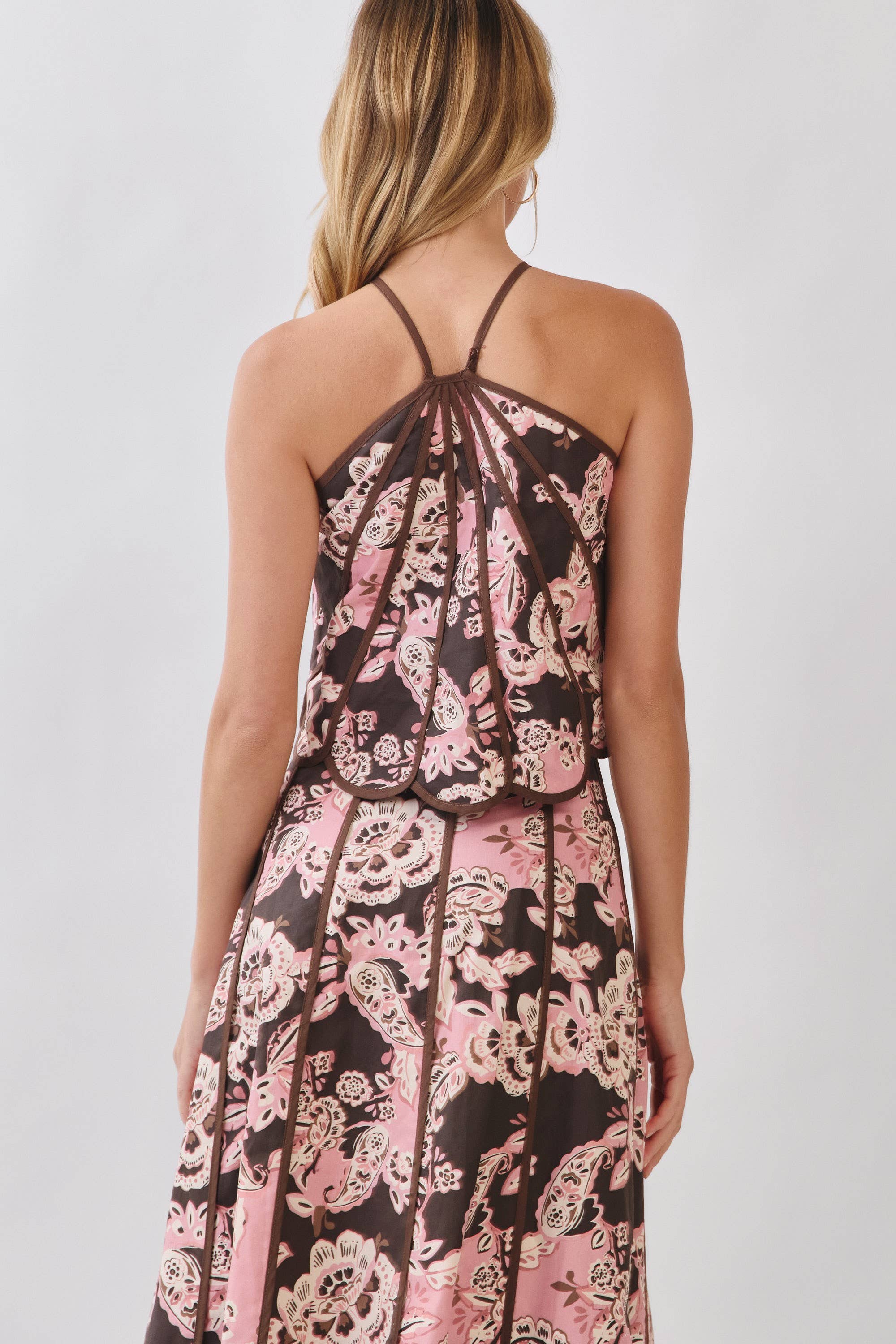 Pink Blush & Brown Floral Print Paneled Detail Halter Top
