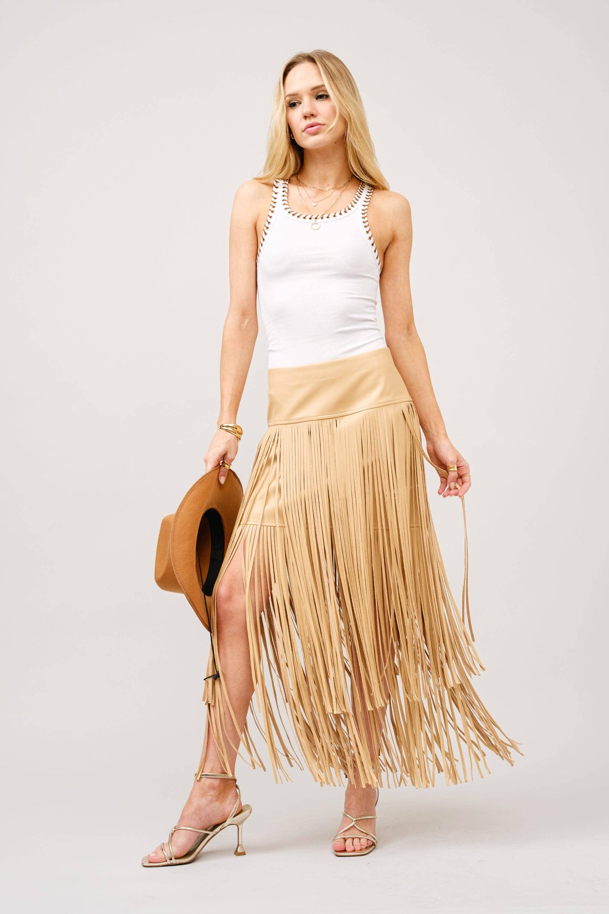 Taupe Leather Tiered Fringe Maxi Skirt