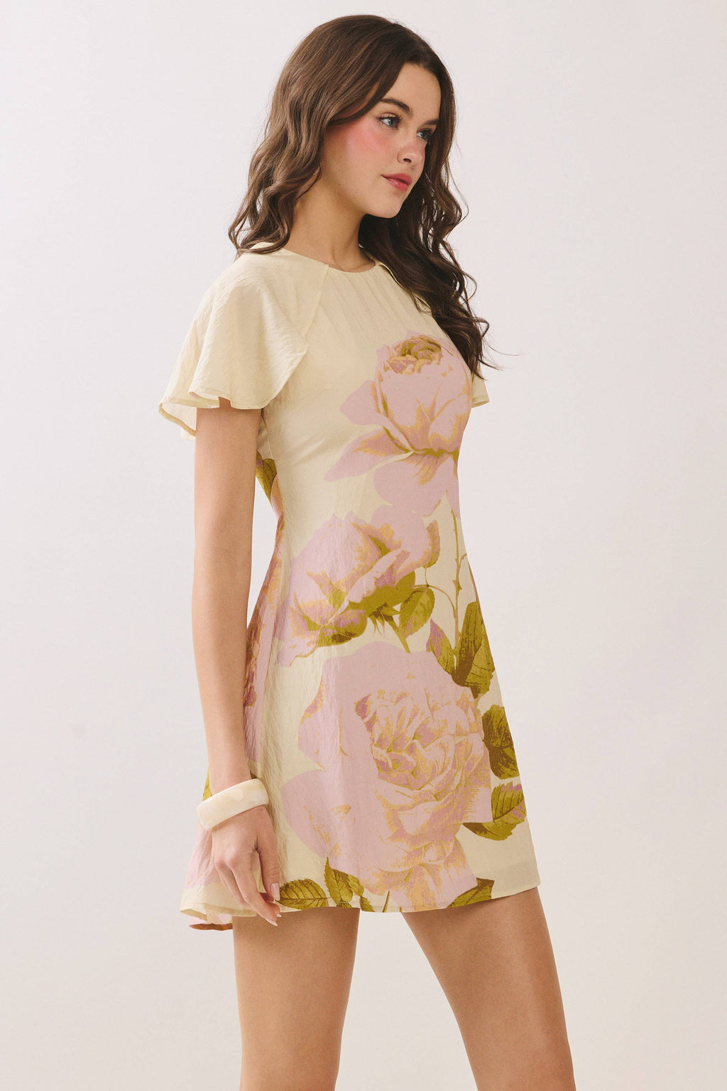 Floral Print Fitted Bodice Round Neck Mini Dress