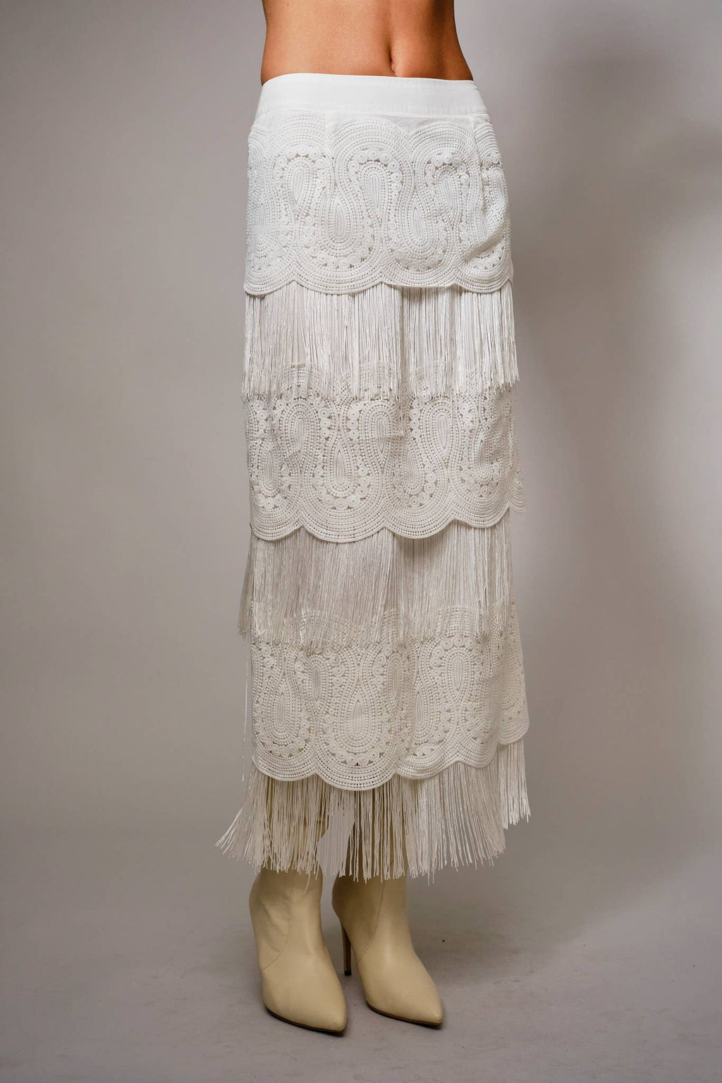 White Lace Fringe Tiered Maxi Skirt