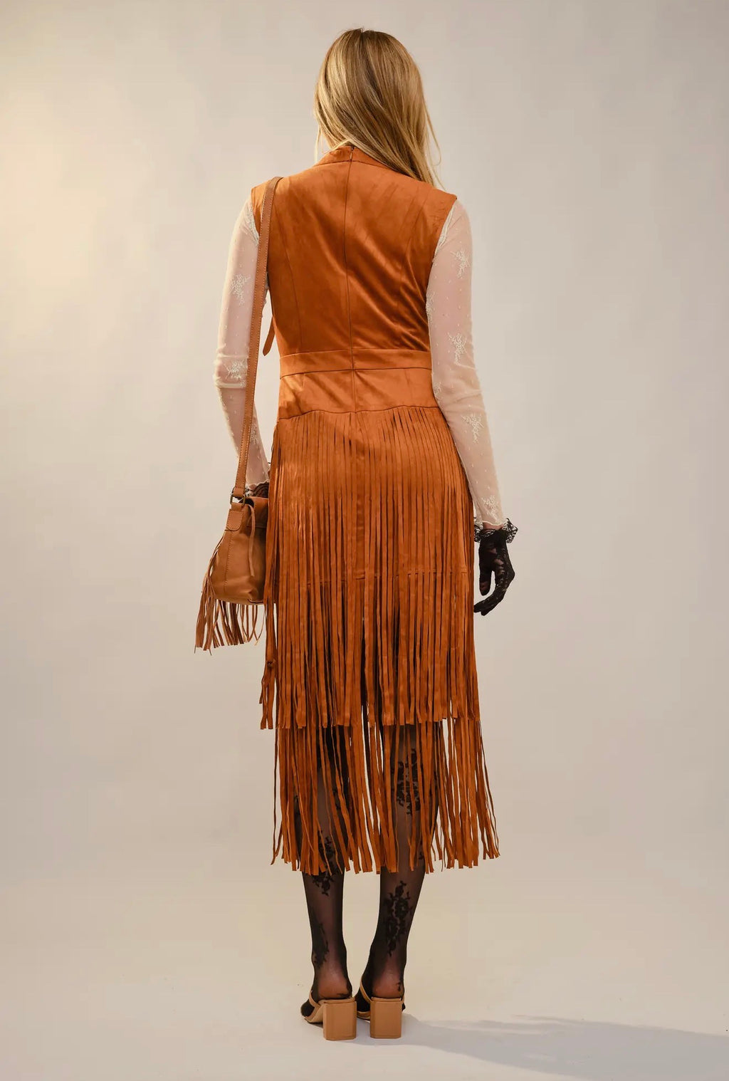 Rustic Fringe V-Neck Midi Dress